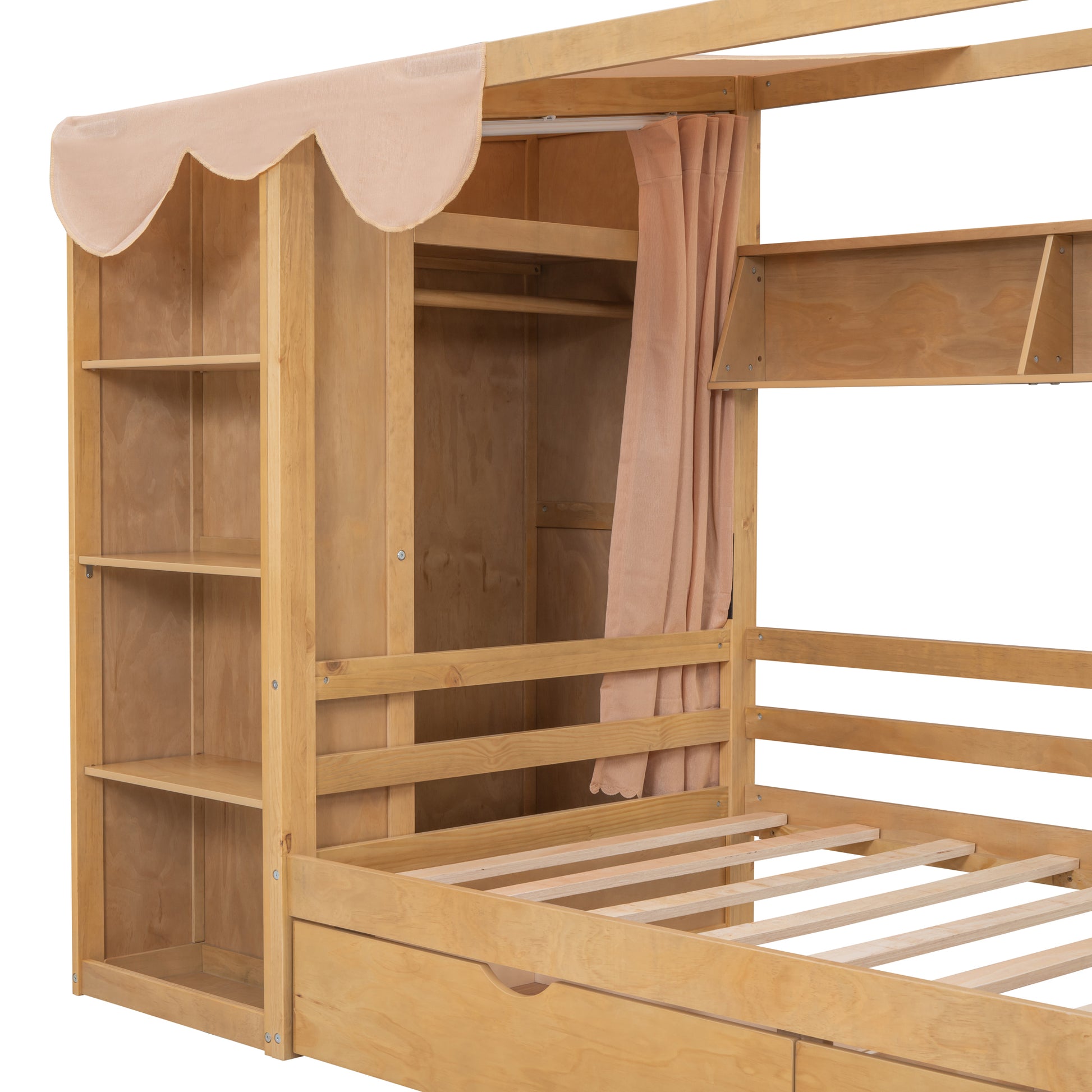 Twin Size House Bed With Two Drawers And Wardrobe,Natural Twin Natural Solid Wood