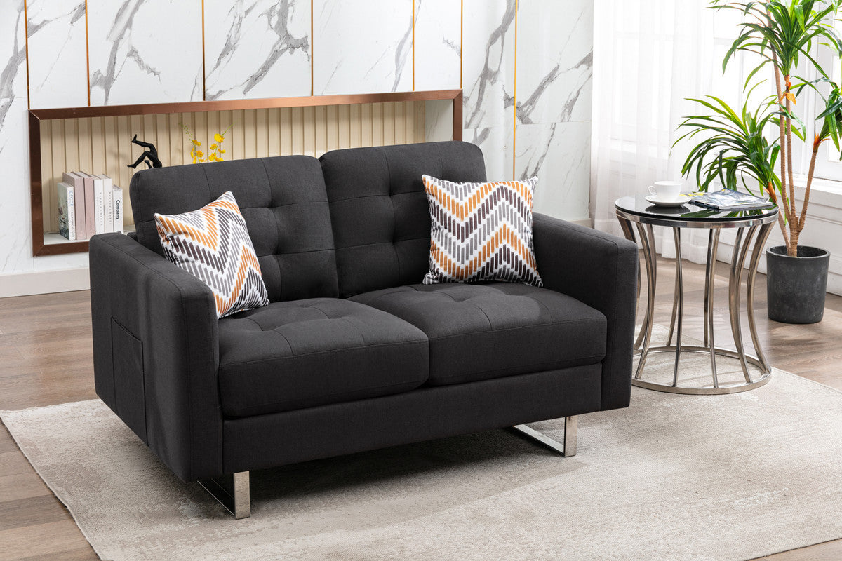 Victoria 53.5" Dark Gray Linen Fabric Loveseat With Metal Legs, Side Pockets, And Pillows Dark Gray Linen