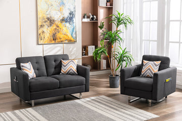 Victoria Dark Gray Linen Fabric Loveseat Chair Living Room Set With Metal Legs, Side Pockets, And Pillows Dark Gray Linen