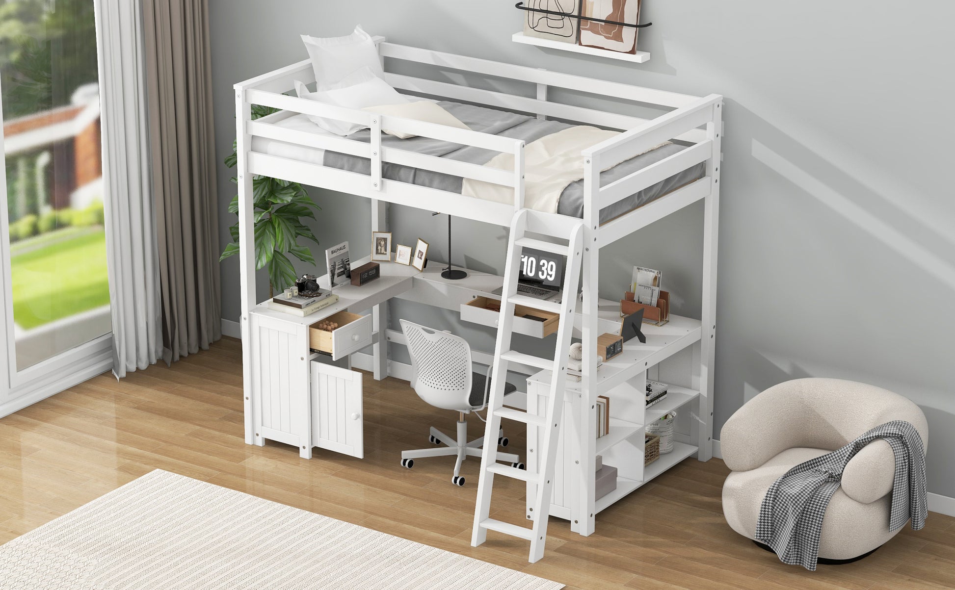 Full Size Loft Bed With U Shaped Desk, Drawers And Storage Shelves, White Box Spring Not Required Full White Wood Bedroom Solid Wood Mdf