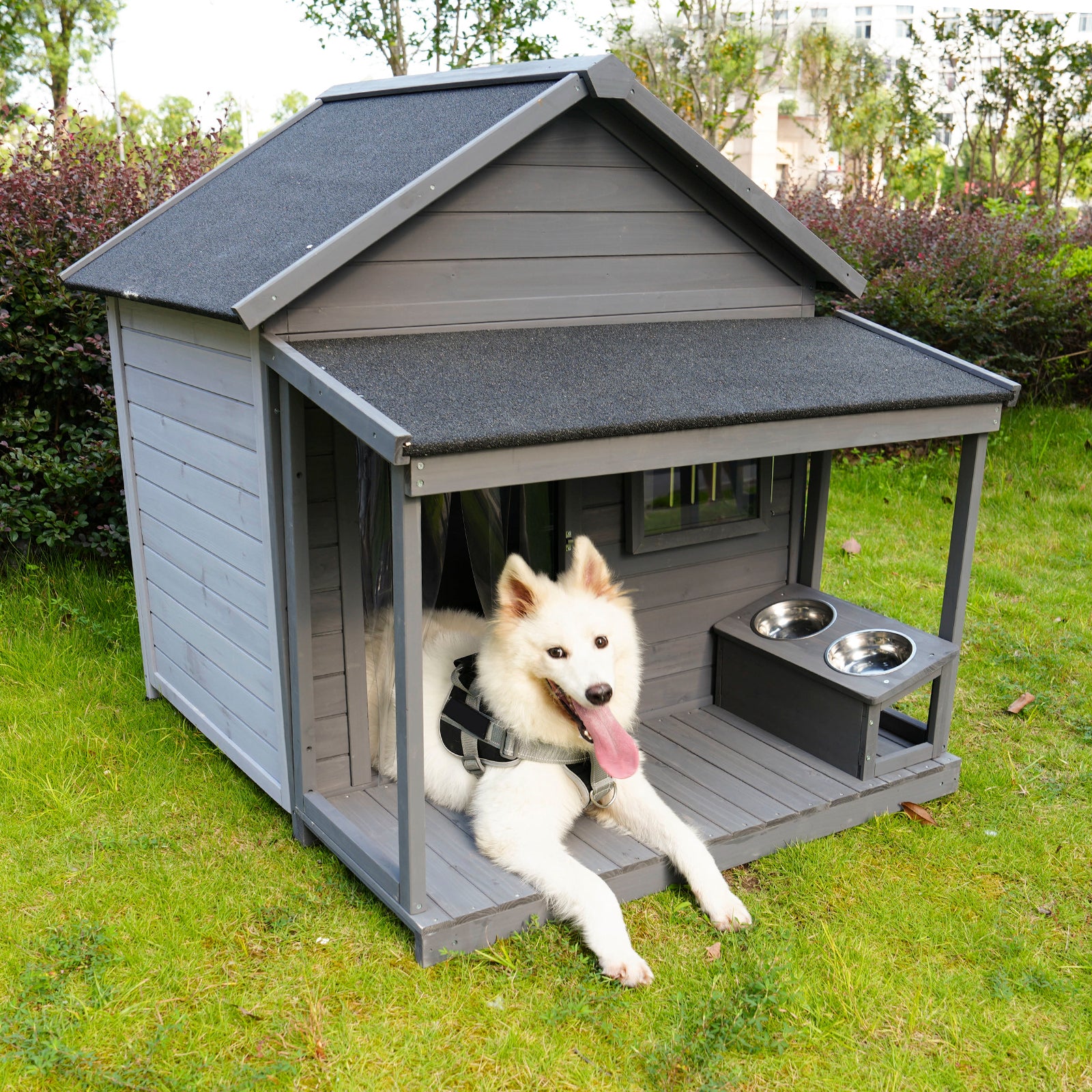 Large Balcony Doghouse, 44.2" Long X 44.6" Wide X 44.6" High Solid Wood Asphalt Roof Dog House For Large Dogs With Large Terrace, Weatherproof Large Dog House,Complimentary A Good Cleaning Mat Gray Solid Wood