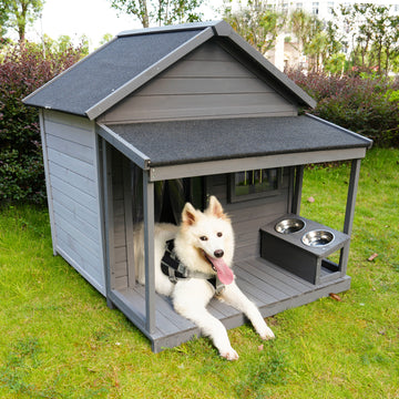 Large Balcony Doghouse, 44.2" Long X 44.6" Wide X 44.6" High Solid Wood Asphalt Roof Dog House For Large Dogs With Large Terrace, Weatherproof Large Dog House,Complimentary A Good Cleaning Mat Gray Solid Wood