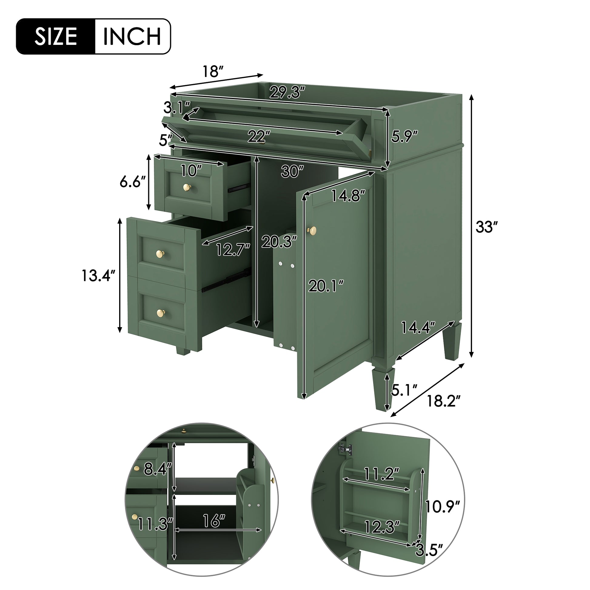 30'' Bathroom Vanity Without Top Sink, Modern Bathroom Storage Cabinet With 2 Drawers And A Tip Out Drawer Not Include Basin Green Bathroom Solid Wood Mdf