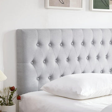 Tufted Upholstered Full Size Bed Headboard In Modern Button Design, Adjustable Solid Wood Head Board, Premium Linen Fabric Padded Headboards In Bedroom Grey, Full Full Grey Bedroom Bed Frame Linen Fabric Metal