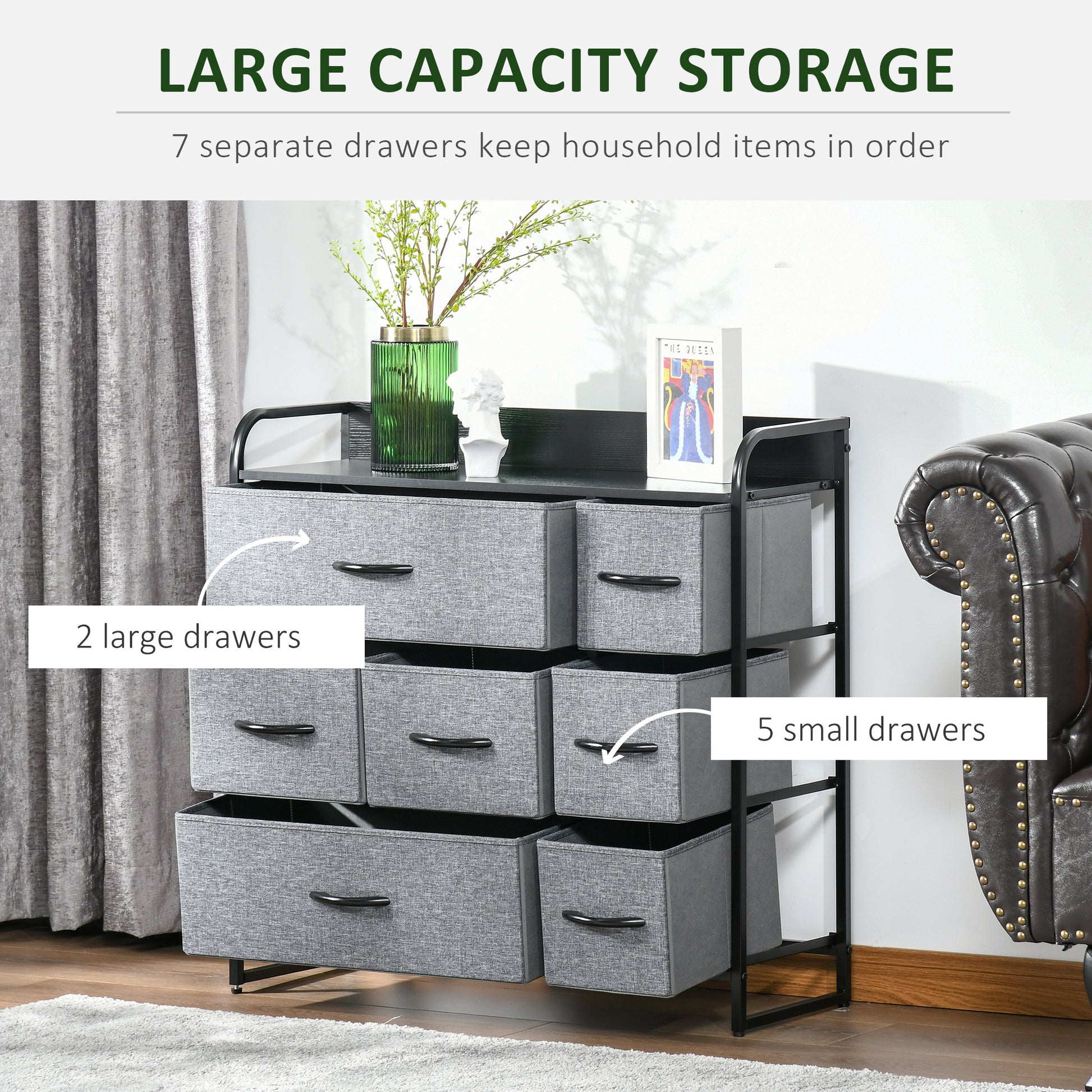 Homcom 7 Drawer Dresser, Fabric Chest Of Drawers, 3 Tier Storage Organizer For Bedroom Entryway, Tower Unit With Steel Frame Wooden Top, Dark Gray Dark Gray Mdf