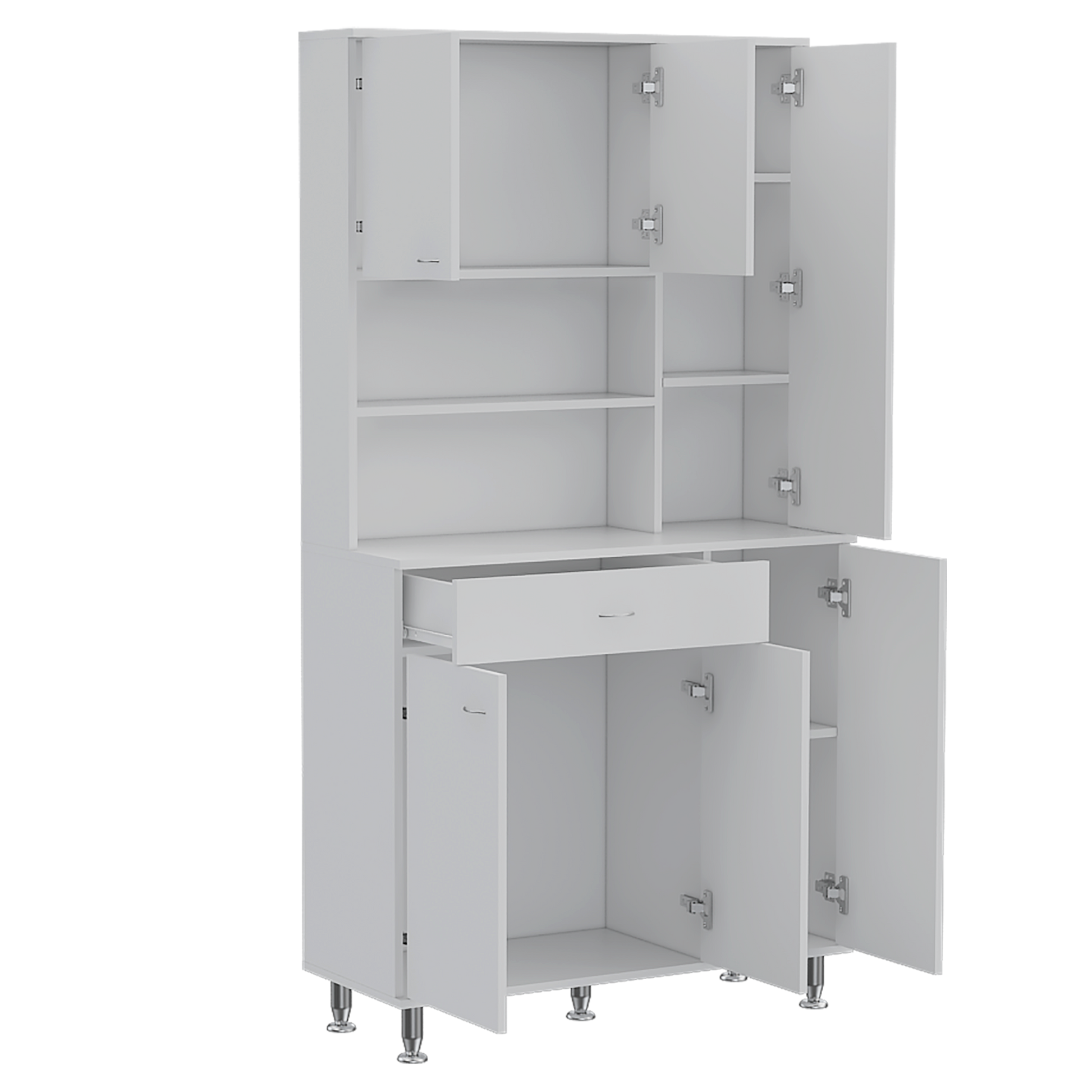 90 Kitchen Pantry Cabinet, Two Open Shelves, One Drawer, Multiple Cabinets, White White Solid Wood Mdf Engineered Wood