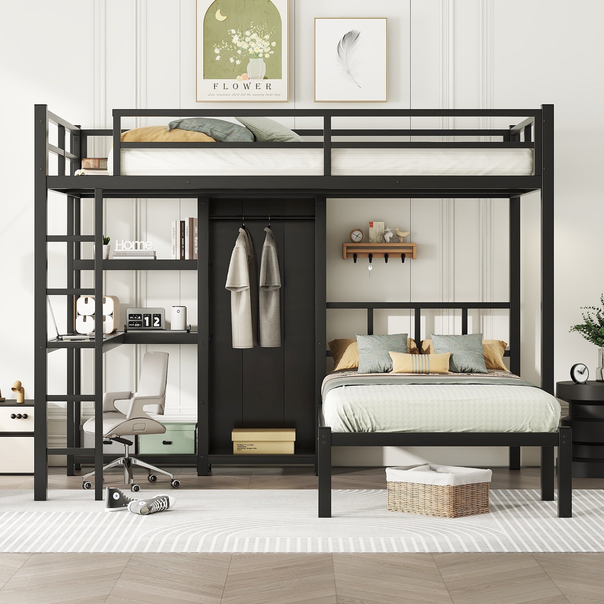 Metal Full Xl Over Twin Bunk Bed With Desk,Bookshelf ,Storage Shelves And Wardrobe,Black Black Metal