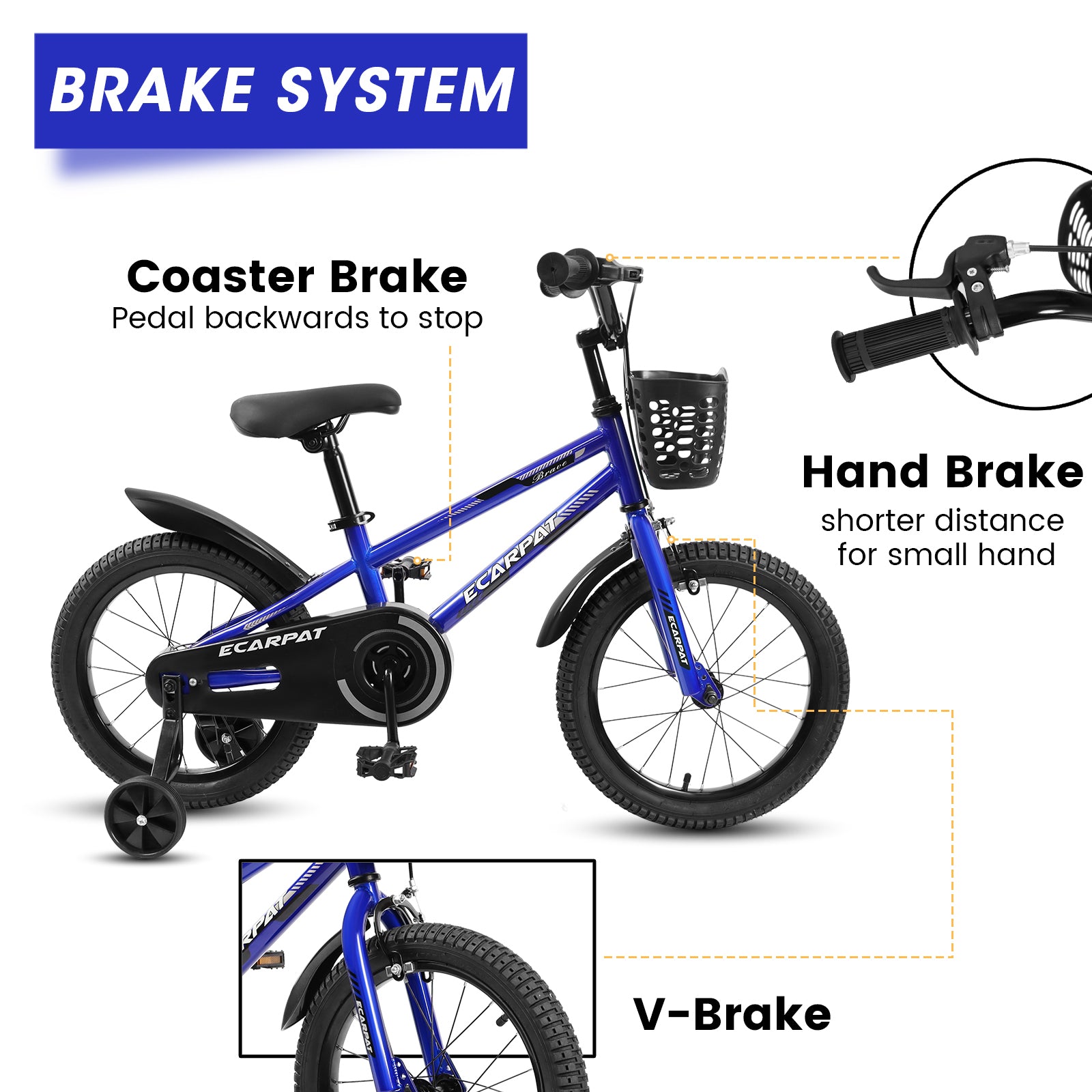 C14111A Kids Bike 14 Inch For Boys & Girls With Training Wheels, Freestyle Kids' Bicycle With Bell,Basket And Fender. Blue Steel