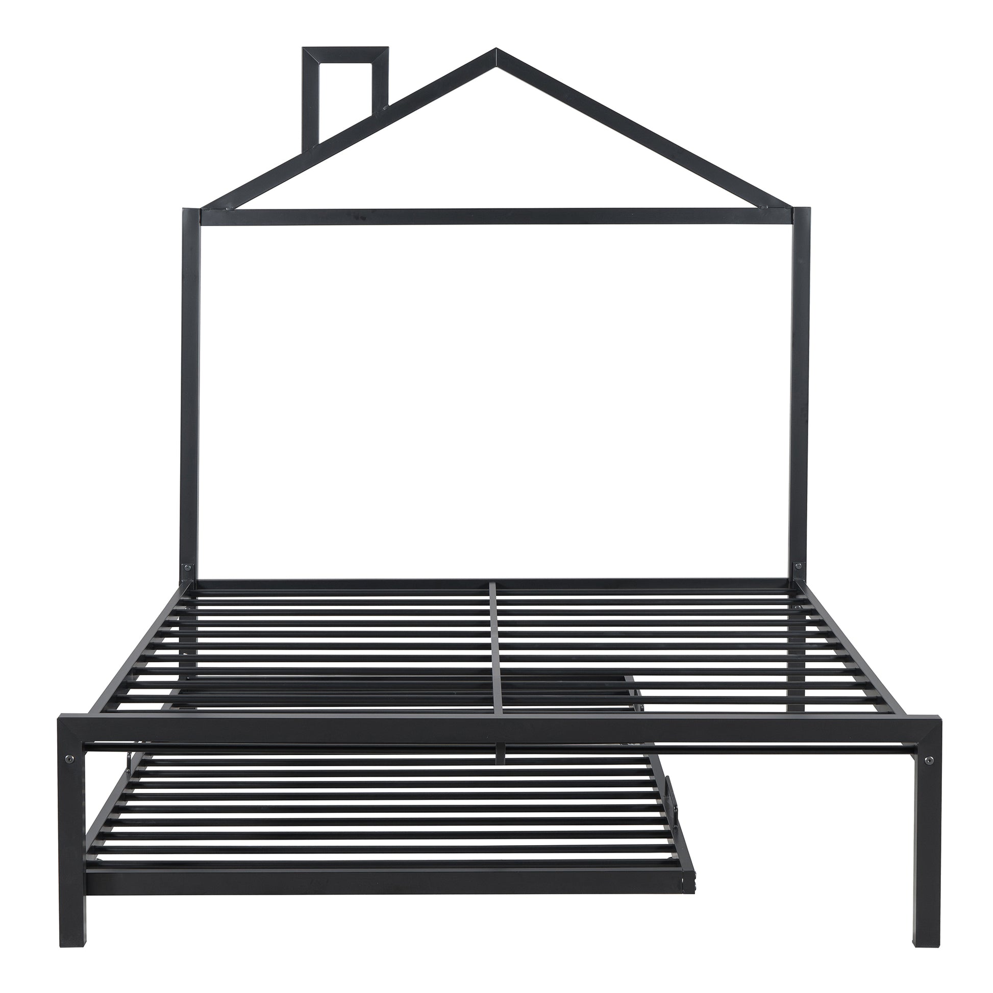 Full Size Metal Platform Bed With Twin Size Trundle,House Shaped Headboard Design, Black Full Black Metal