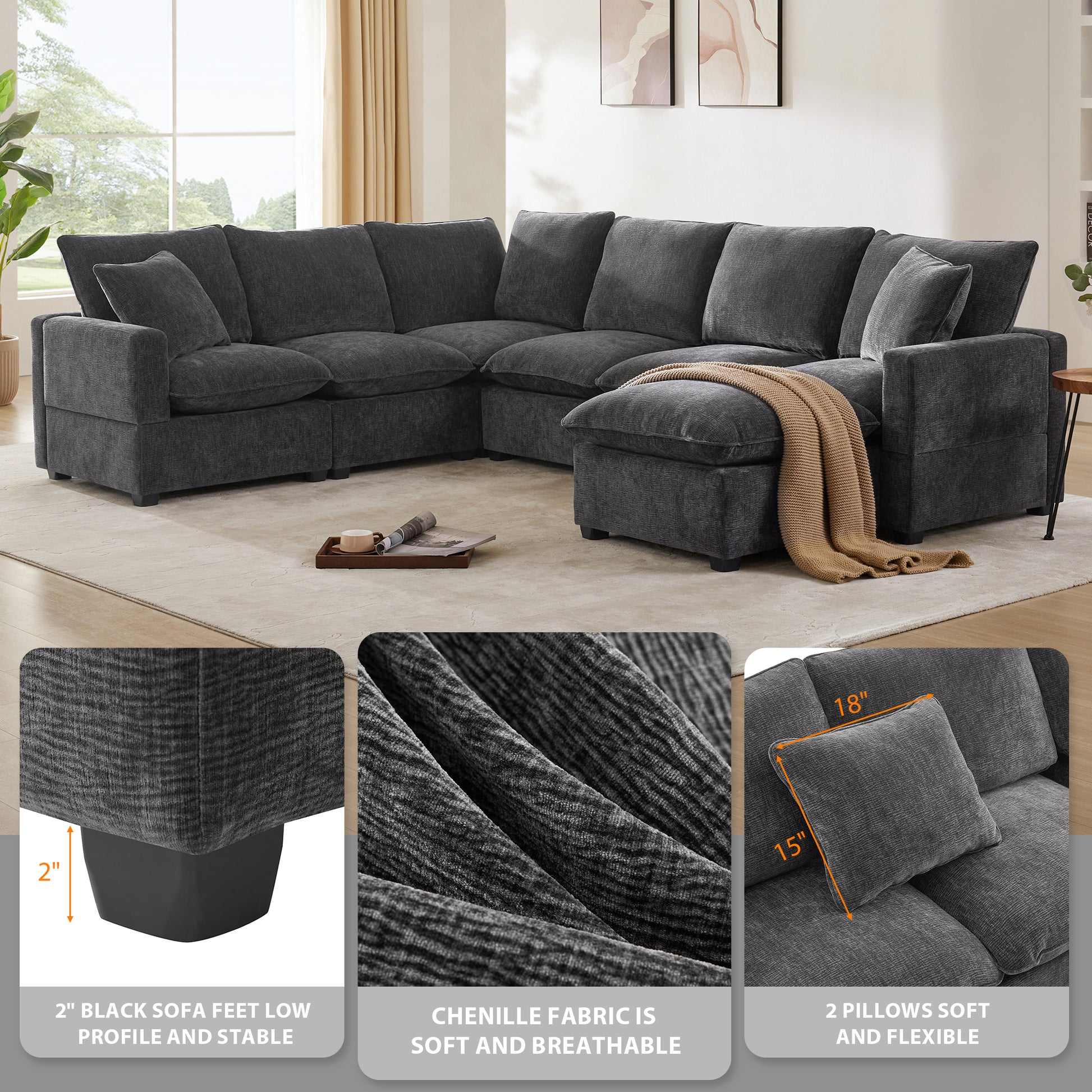 110*84" Modern U Shape Modular Sofa, 7 Seat Chenille Sectional Couch Set With 2 Pillows Included, Freely Combinable Indoor Funiture For Living Room, Apartment, Office, 2 Colors Black Grey Chenille 7 Seat