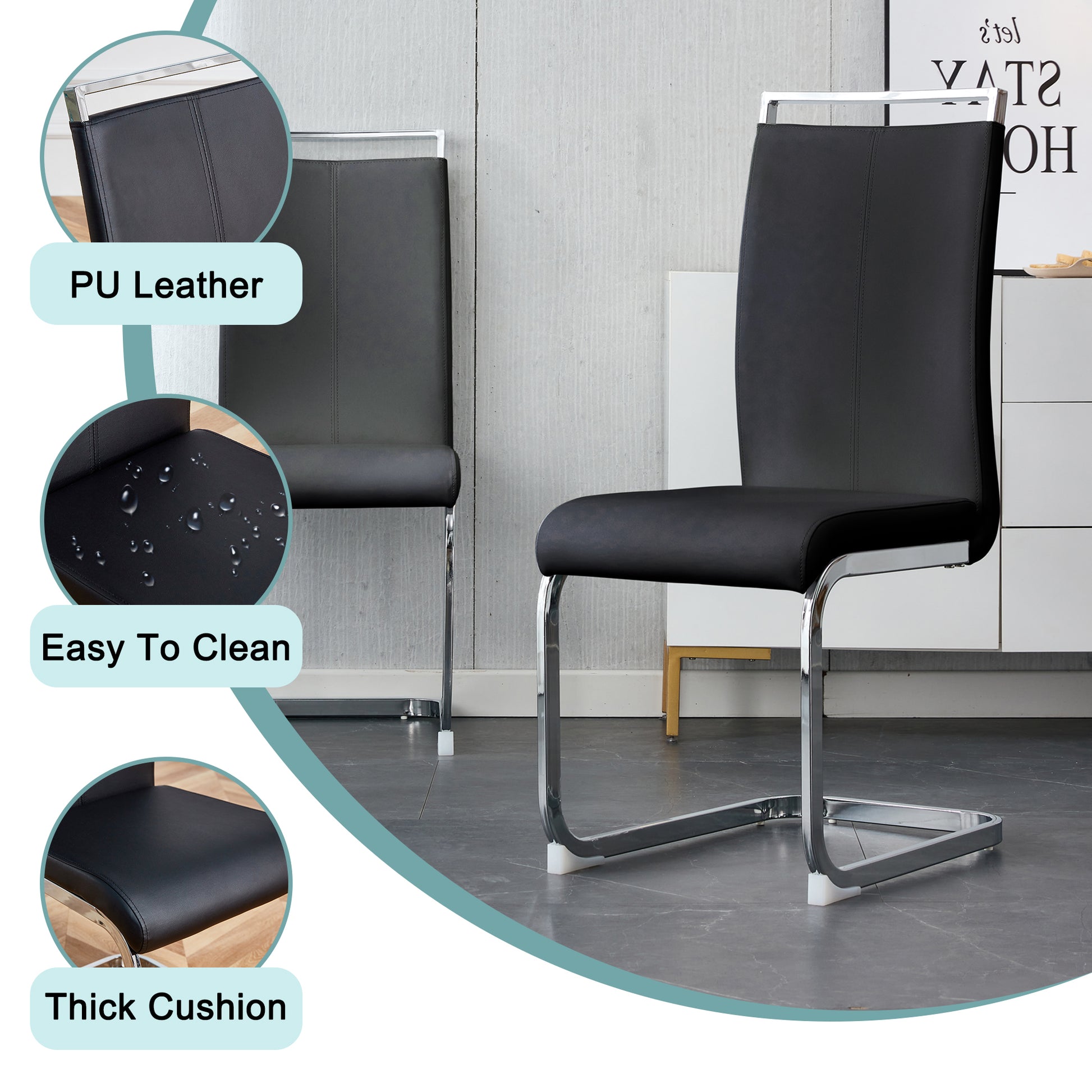 Table And Chair Set. Large Modern Rectangular Table With Glass Top And Silver Metal Legs. Furnished With Soft And Comfortable Pu Chairs With Faux Leather Upholstered Seats And Silver Metal Legs. Black Silver Seats 8 Glass Metal
