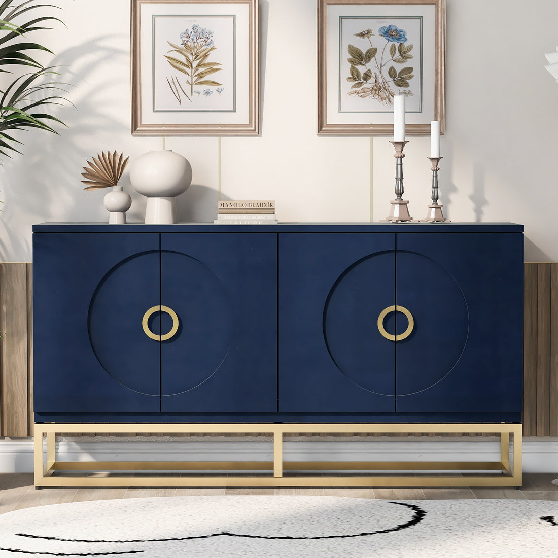 Four Door Metal Handle Storage Cabinet, Adjustable Shelves, Suitable For Corridor, Entrance, Living Room, Study Navy Blue Mdf