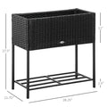 Outsunny Raised Garden Bed, Elevated Planter Box With Rattan Wicker Look, Tool Storage Shelf, Portable Design For Herbs, Vegetables, Flowers, Black Black Rattan