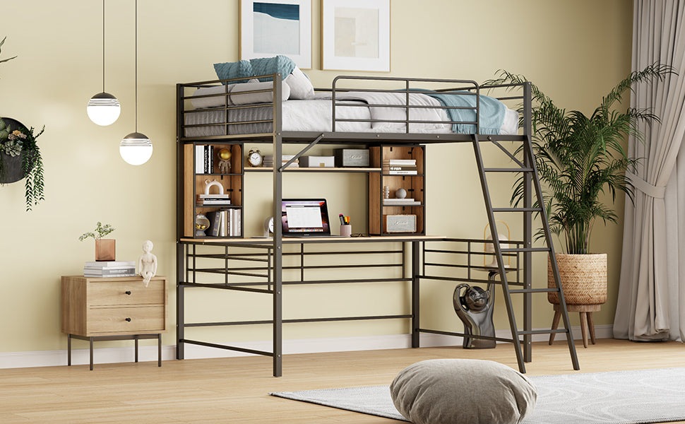 Full Size Loft Bed With Desk And Shelfloft Bed With Ladder,Full,Black Full Black Metal