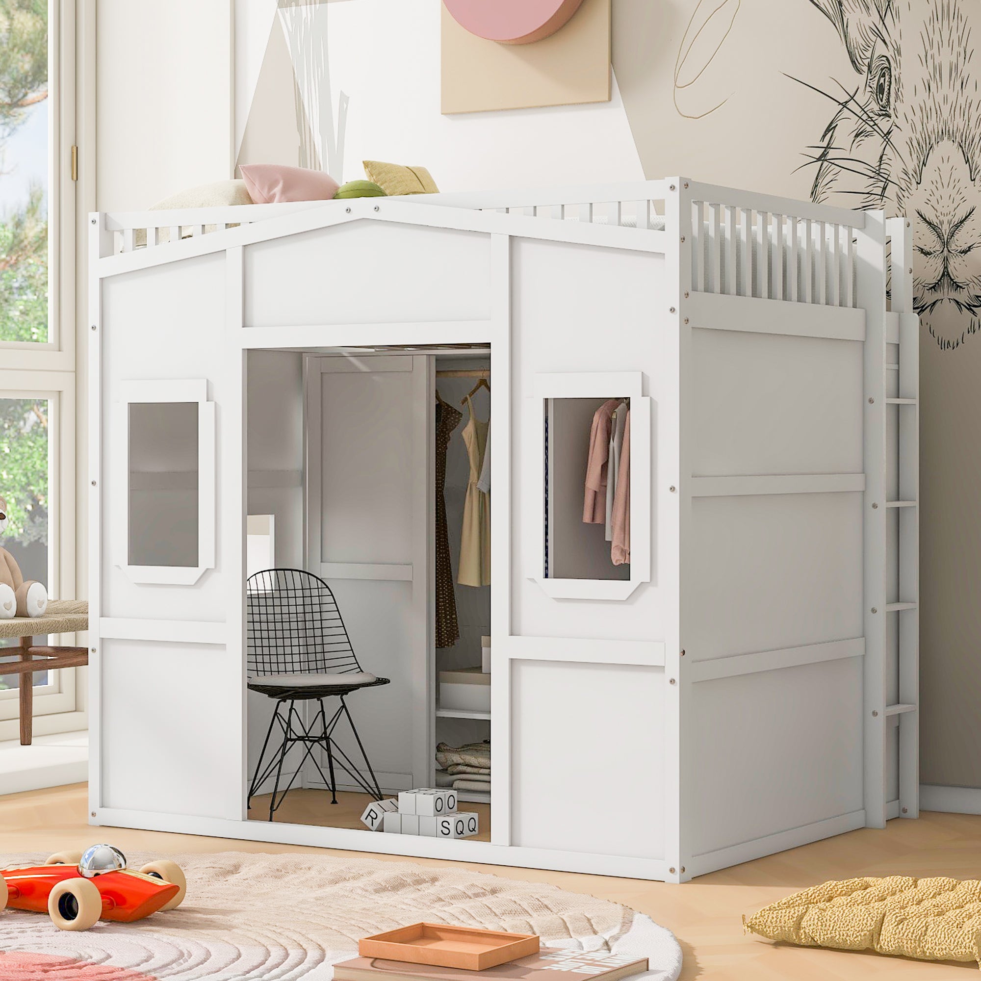 Full Size House Loft Bed With Ladder And Wardrobe White Full White Solid Wood