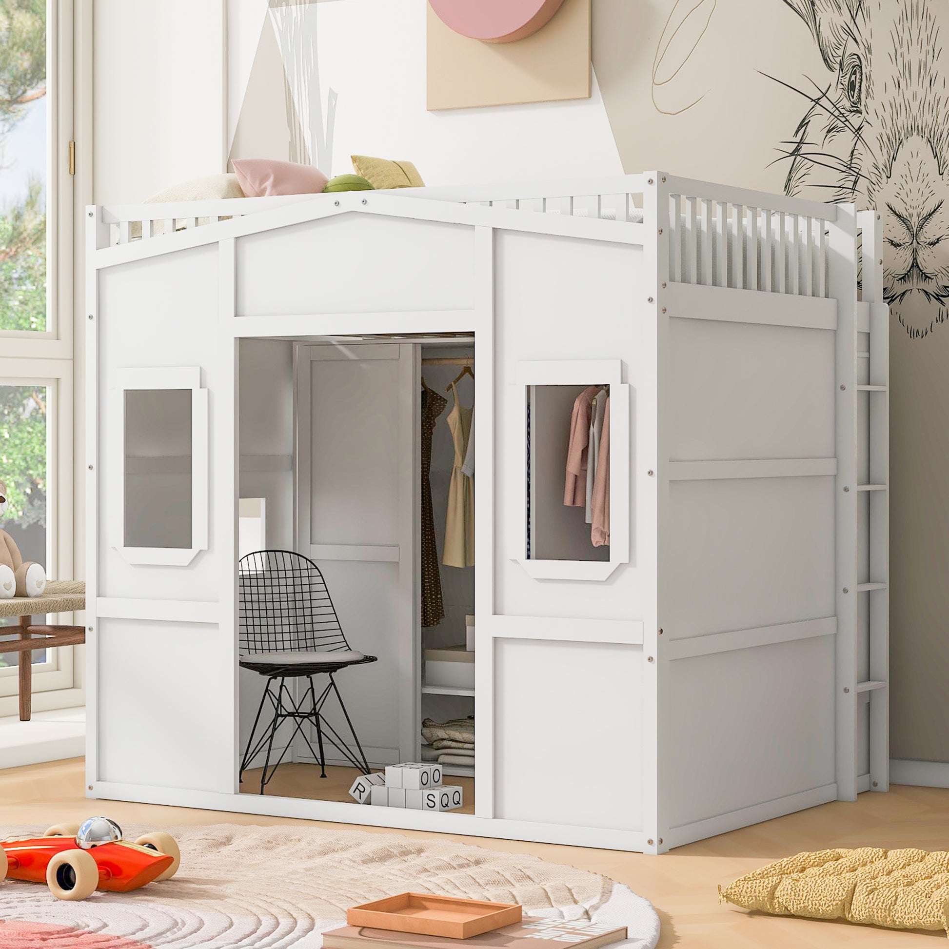 Full Size House Loft Bed With Ladder And Wardrobe White Full White Solid Wood