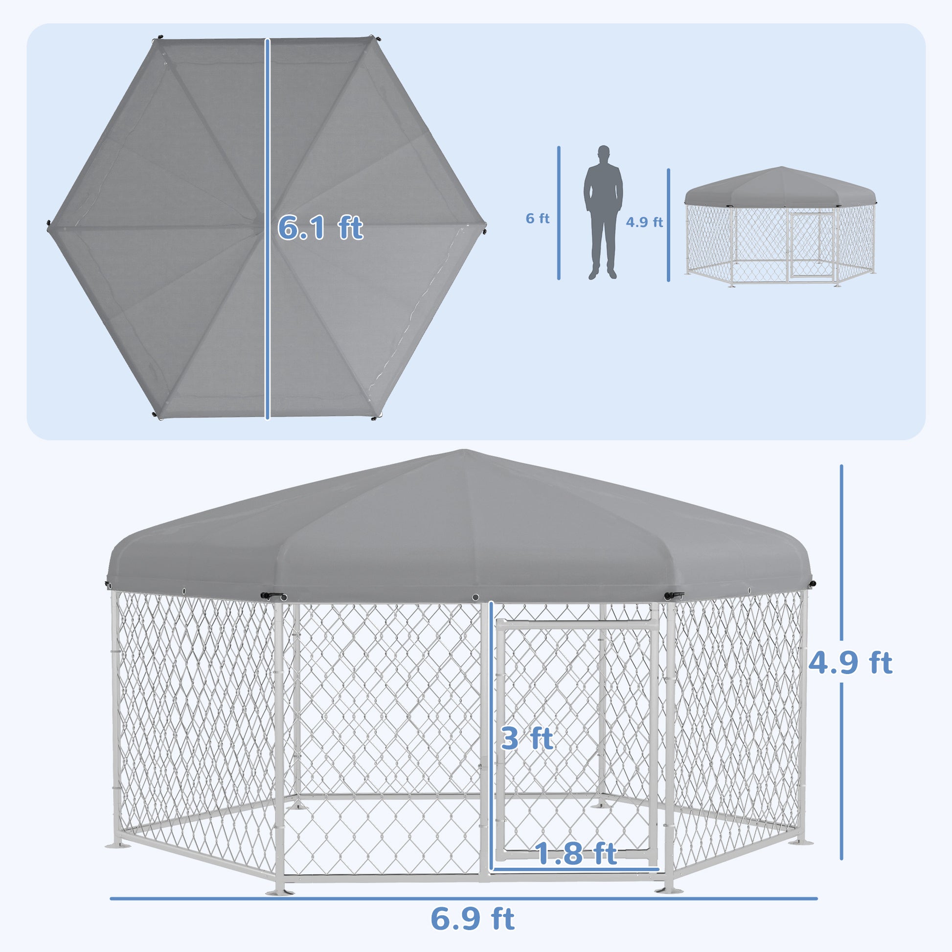 Pawhut 6.9' X 6.1' X 4.9' Dog Kennel Outdoor Dog Run With Waterproof, Uv Resistant Roof, Lockable Door, For Medium And Large Sized Dogs, Silver Silver Steel