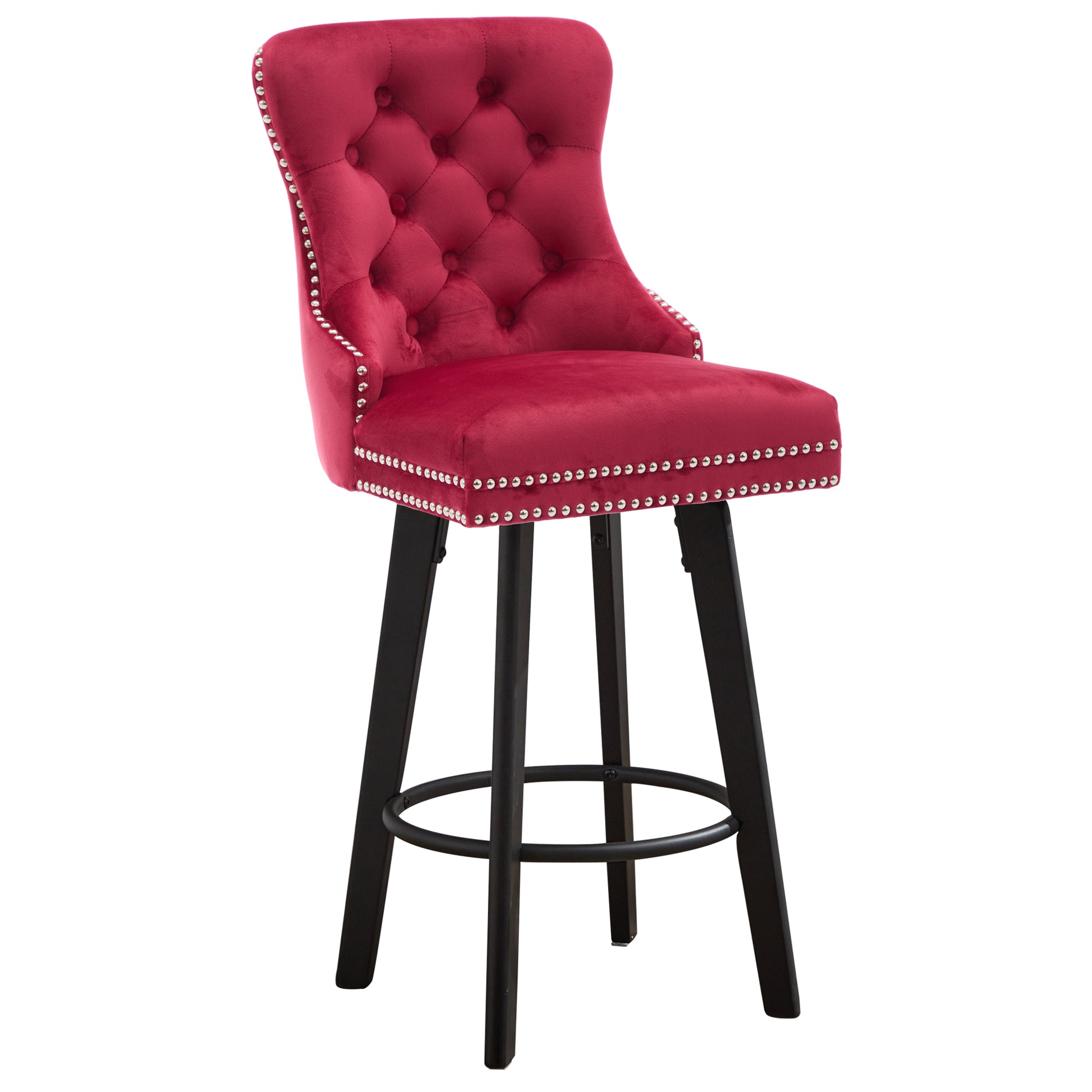 Modern Swivel Bar Stools Velvet Barstools Button Tufted Bar Stools Rivet Trim Bar Stools For Kitchen Island,Bistro, With Metal Pull Ring Sturdy Footrest Large Backrest For Home Bar Red Velvet