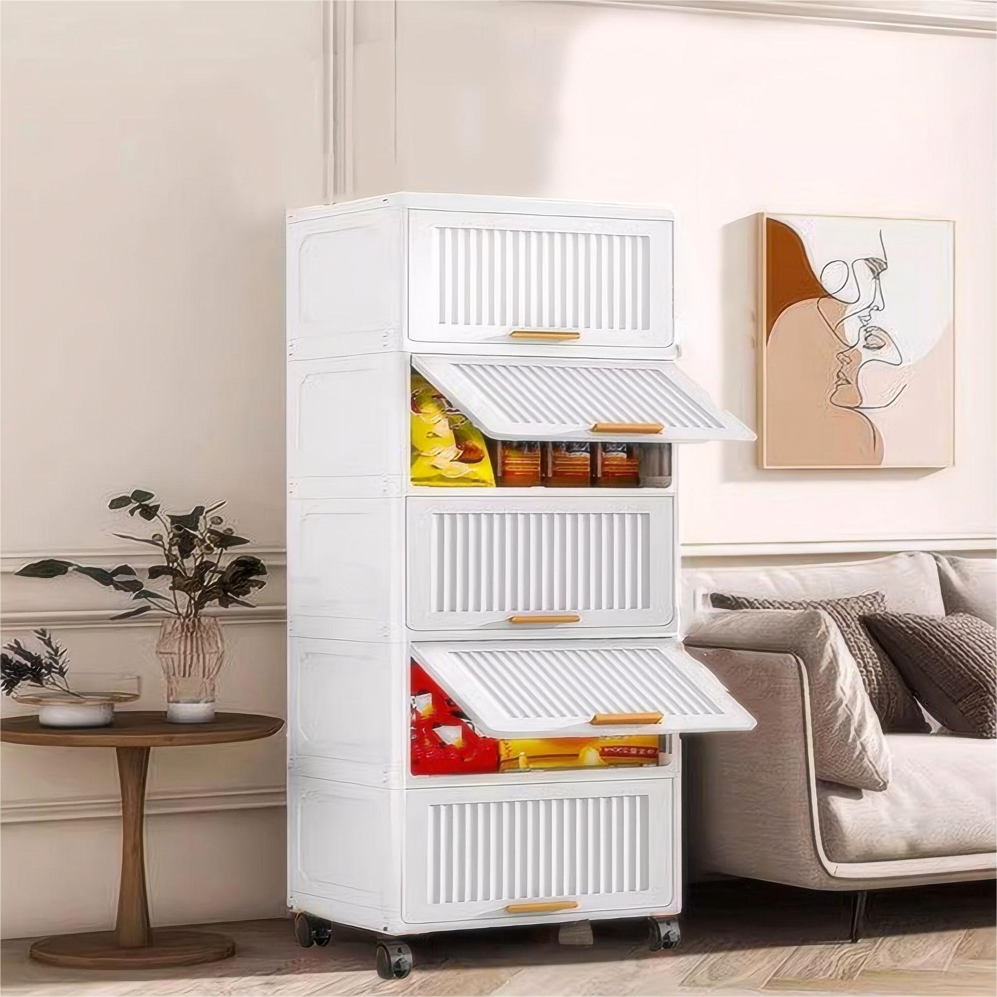 15.75" Side Wide 4 Layers Flip Open Storage Box With Wheels, Movable Storage Cabinet, Kitchen Shelf, Movable Storage Island, Home Organization, Wardrobe Storage Box White Plastic