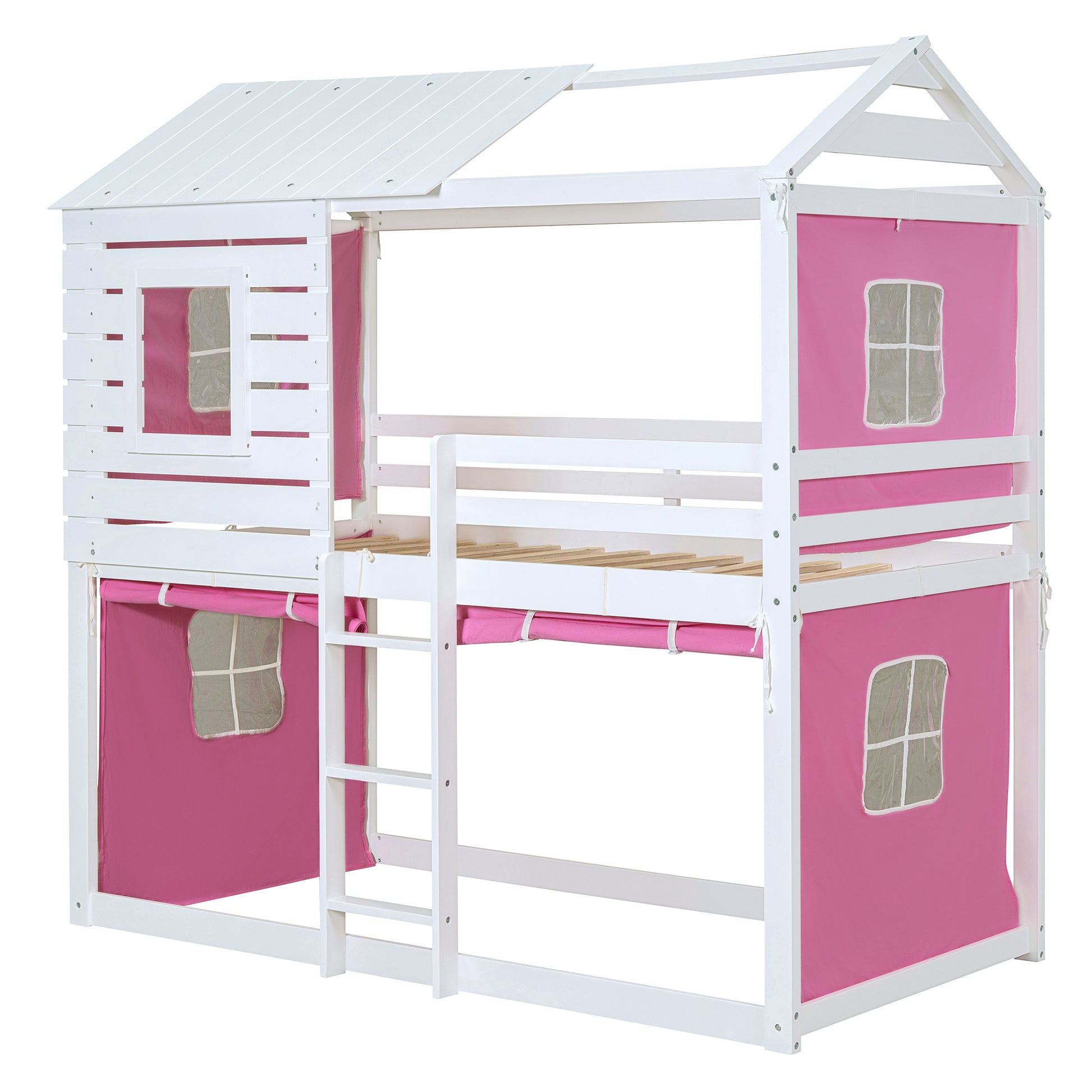 Twin Size Bunk Wood House Bed With Tent, Pink White Twin Pink White Solid Wood Mdf