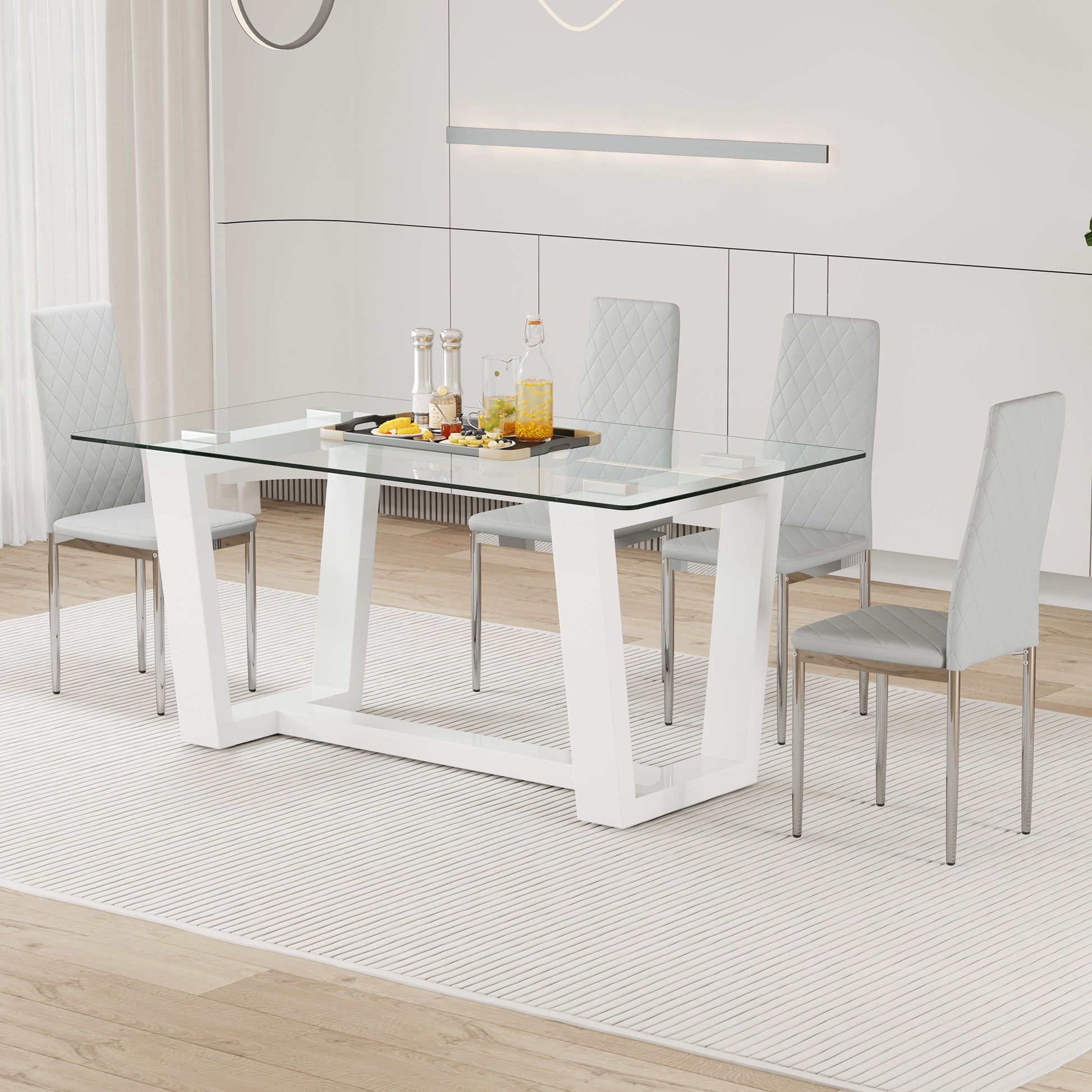 Table And Chair Set.A Rectangular Dining Table Features With Tempered Glass Top And Sleek White Mdf Stand.Paried With 4 Pu Chairs With Checkered Armless High Back And Electroplated Metal Legs. Light Gray,White Seats 4 Mdf Glass