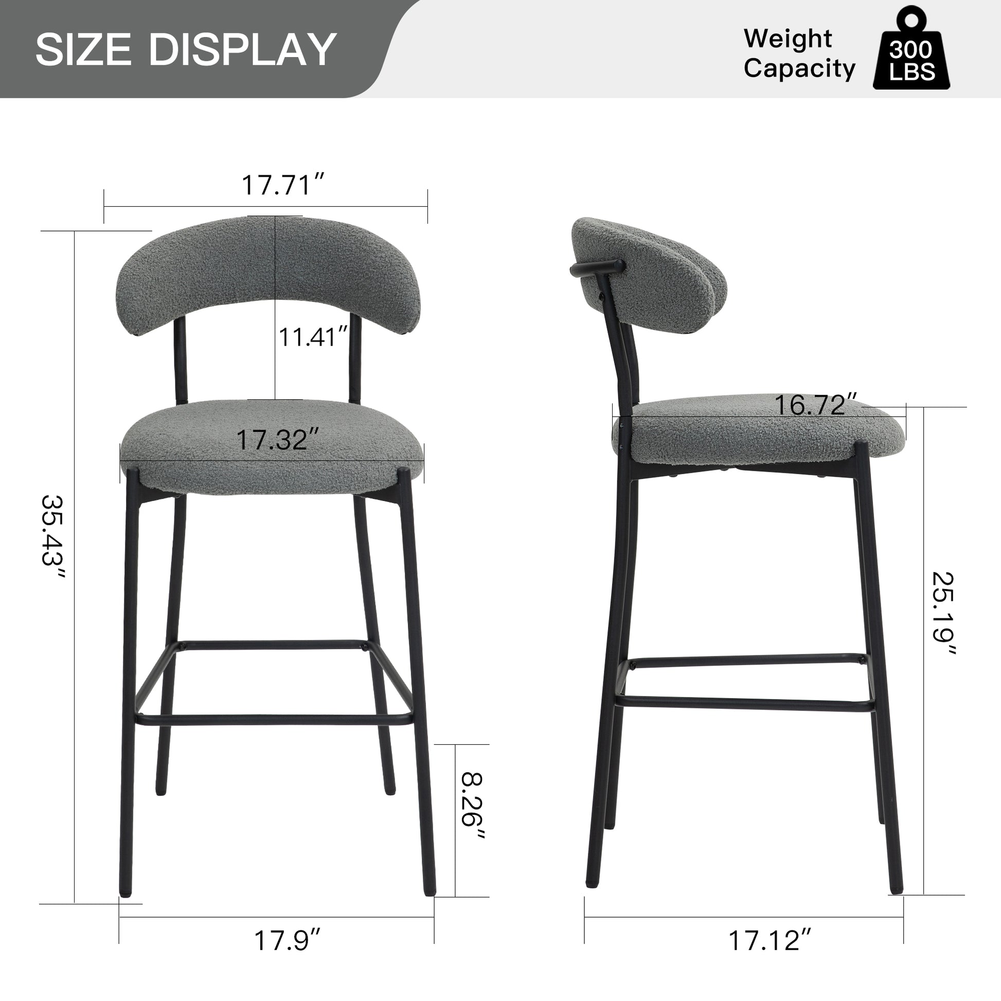 26'' Counter Height Bar Stools Teddy Fabric Cover Kitchen Island Counter Bar Stool With Black Powder Coating Base And Footrest Grey Cushion Metal Grey Kitchen Foam Modern Bar Stools Open Back 1 Foam Teddy