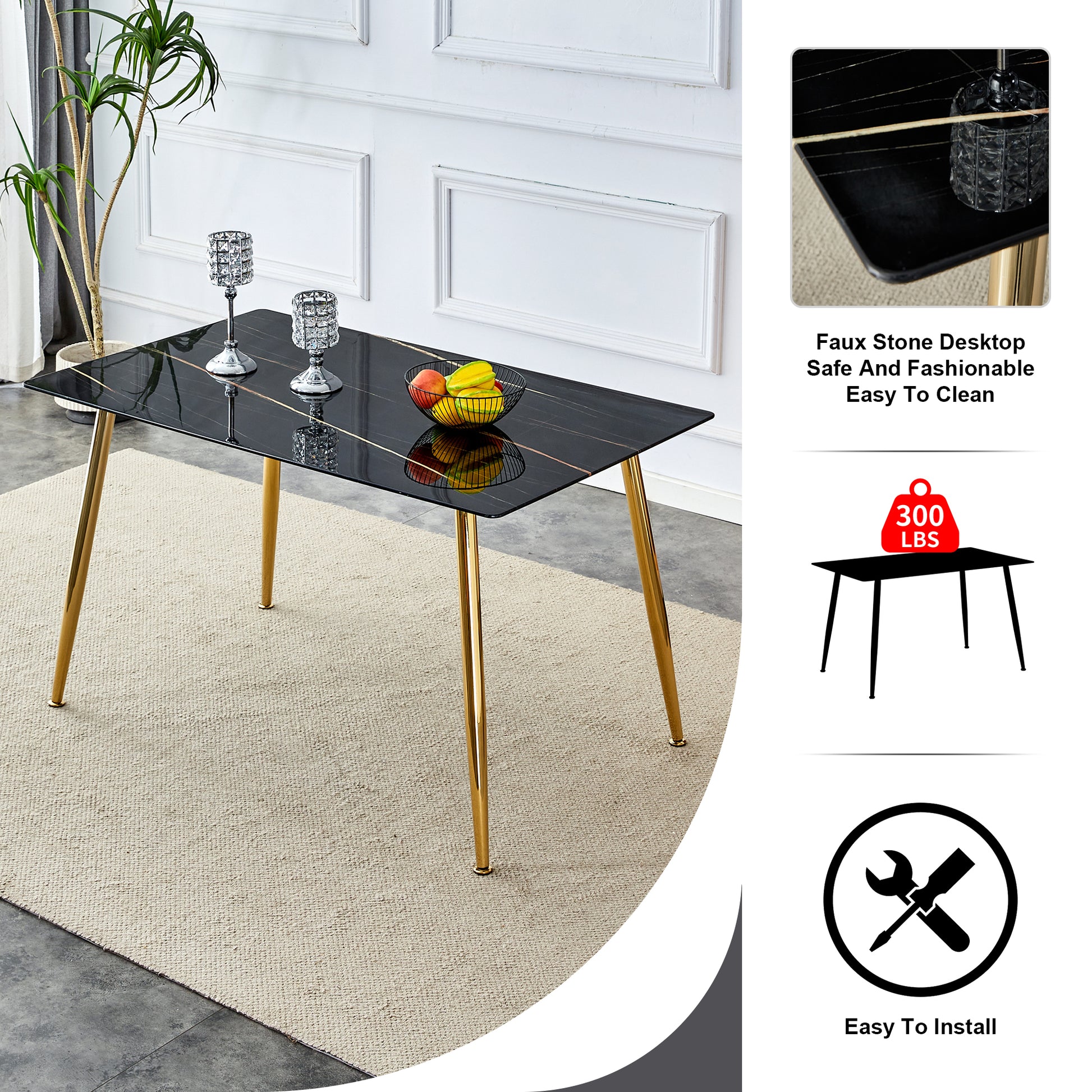 Table And Chair Set. 1 Table With 4 Gray Pu Chairs. Modern Minimalist Rectangular Black Imitation Marble Dining Table, With Golden Metal Legs. Paired With 4 Chairs With Golden Legs.Dt 1544 C001 Black Gold Glass Metal
