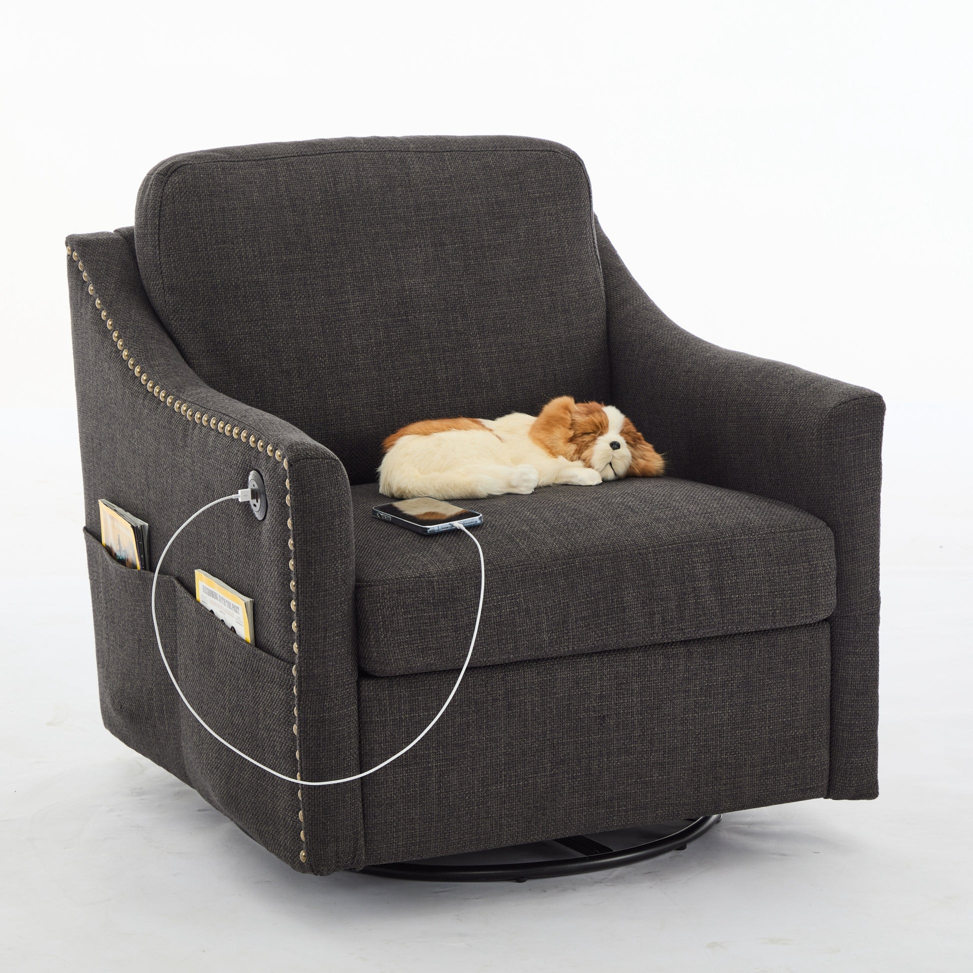 Dark Grey 360 Degree Swivel Rotating Accent Chair With Usb And Magazine Book For Living Room And Hotel Bed Room,Upholstered Accent Chair With Cooper Nail Dark Grey White Primary Living Space American Design,Classic,Modern Pine Foam Wood Fabric