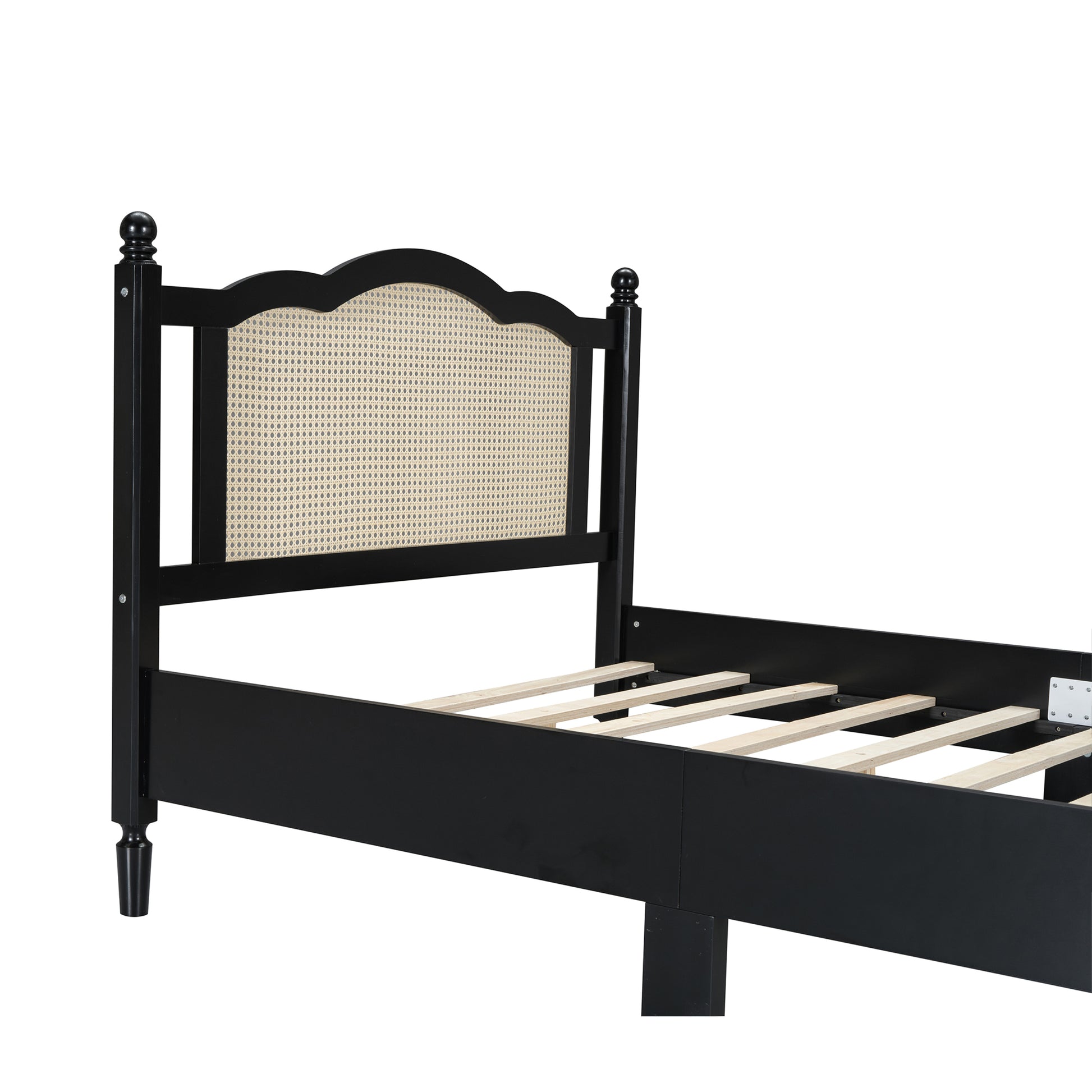 Full Size Wooden Platform Bed With Natural Rattan Headboard, Vintage Bed Frame With Wooden Slat Support, Black Expected Arrival Time: 08.23 Box Spring Not Required Full Black Wood