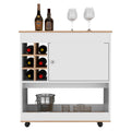 Lotus Bar Cart, Six Bottle Cubbies, One Cabinet, Four Casters, Light Oak White Multicolor Particle Board Particle Board