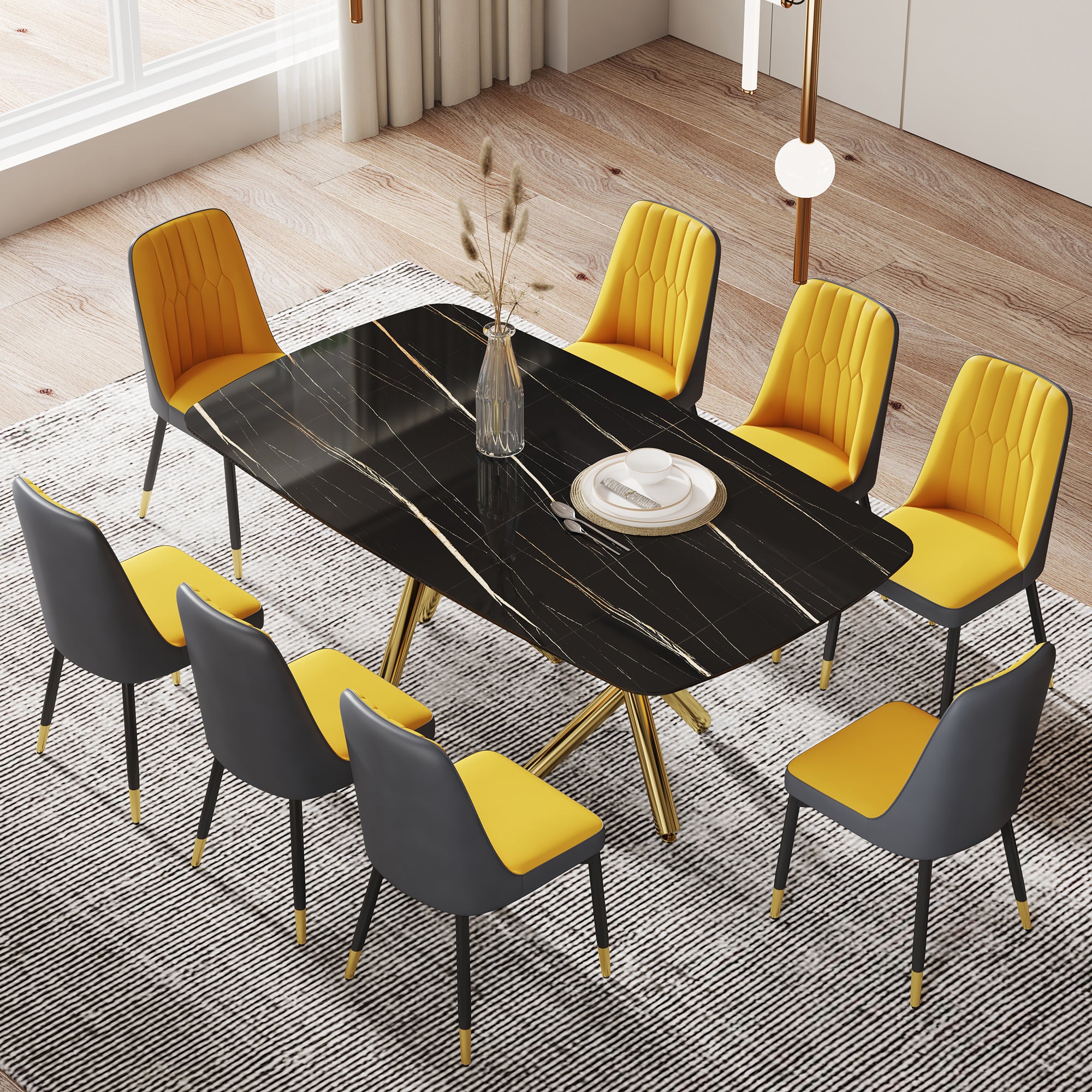 Large Modern Minimalist Rectangular Dining Table With 0.39 "Imitation Marble Black Desktop And Gold Metal Legs, Paired With 8 Chairs With Pu Cushions And Black Metal Legs.F 1538 C 007 Black Gold