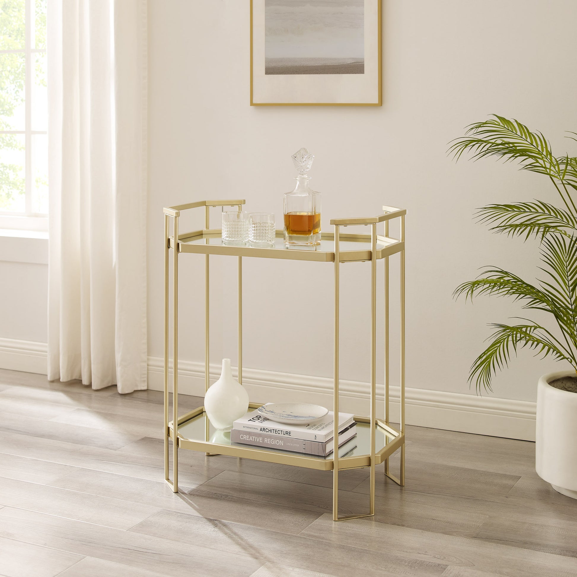 Modern Glam Mirror Top Accent Table Pale Gold Gold Glass Steel