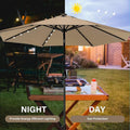 9' Solar 32 Lighted Patio Table Market Push Button Tilt Crank Outdoor Umbrella For Garden,Deck,Backyard And Pool,9Ft Led,Tanled Tan Stainless Steel