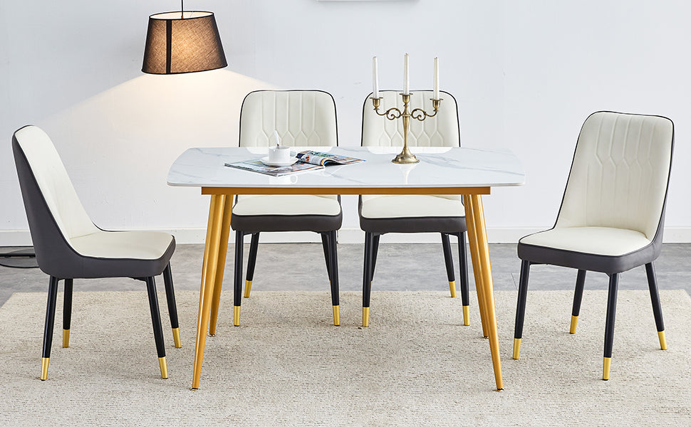 Table And Chair Set.A Morden Table With White Imitation Marble Patterned Stone Burning Tabletop With Golden Metal Legs.Paried With 4 Chairs With Pu Leather Backrest And Black Metal Legs. Black,White Gold Seats 4 Metal,Sintered Stone