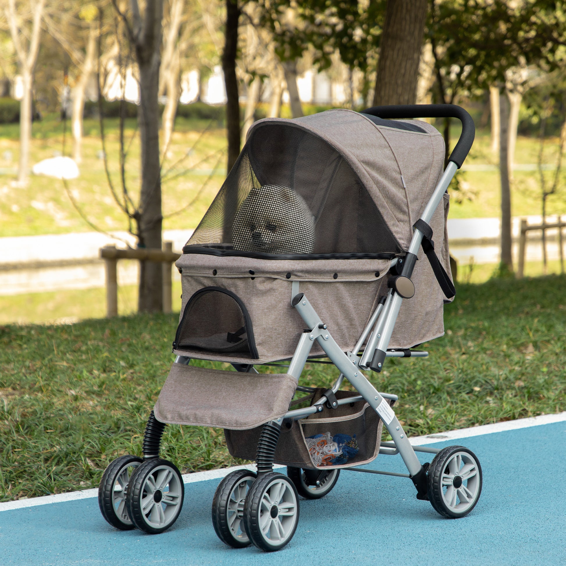 Pawhut Dog Stroller For Small Dogs Cats, 4 Wheels One Click Fold Pet Stroller With Swivel Wheels, Brake, Basket Storage, Safety Belts, Adjustable Canopy, Zippered Mesh Window Door, Brown Brown Steel