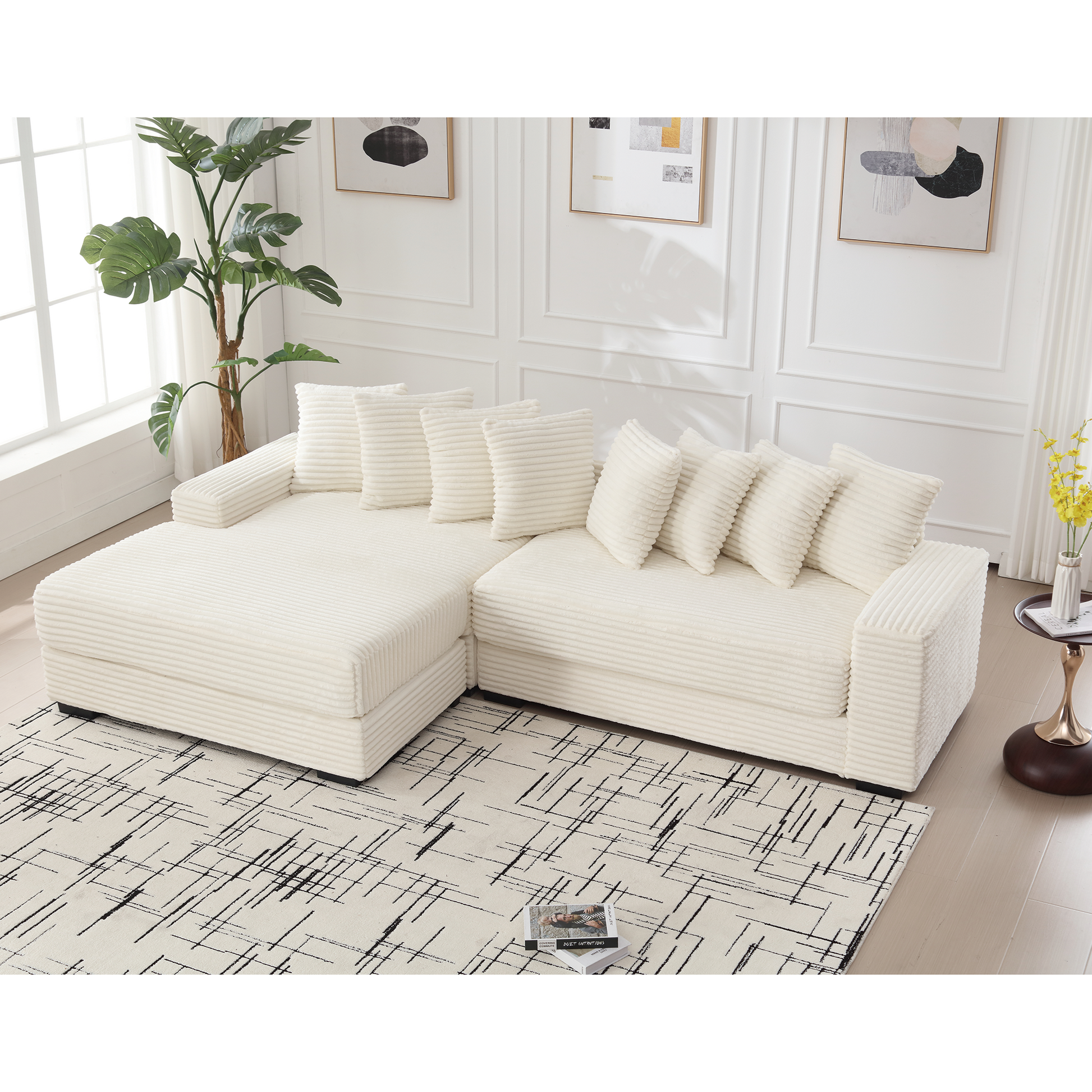 Arrived Oversized Two Piece Couches, L Shaped Sofa, Corduroy, Left Chaise Daybed,With Armrests,Eight Throw Pillows,Corner Sofa,Easy To Assemble, Beige Beige Polyester Wood Primary Living Space Pillow Back Medium Soft Modern Square Arms Wood 3 Seat