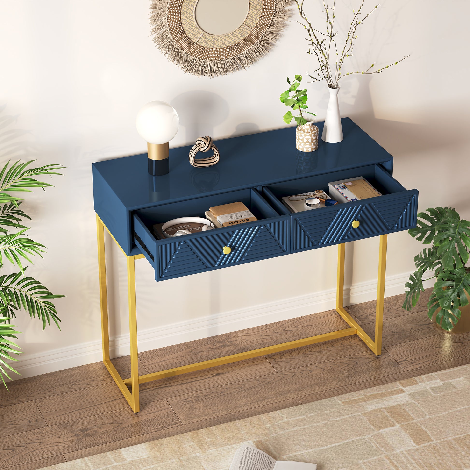 Modern Sleek Console Table Two Drawers With Stripe Design For Living Room And Entryway Navy Navy Mdf