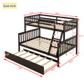 Twin Over Full Rubber Wood Bunk Bed With Trundle, Convertible Ladder And Guardrail, Detachable, Convertible Bed, With Twin Size Trundle ,Espresso Twin Espresso Rubber Wood