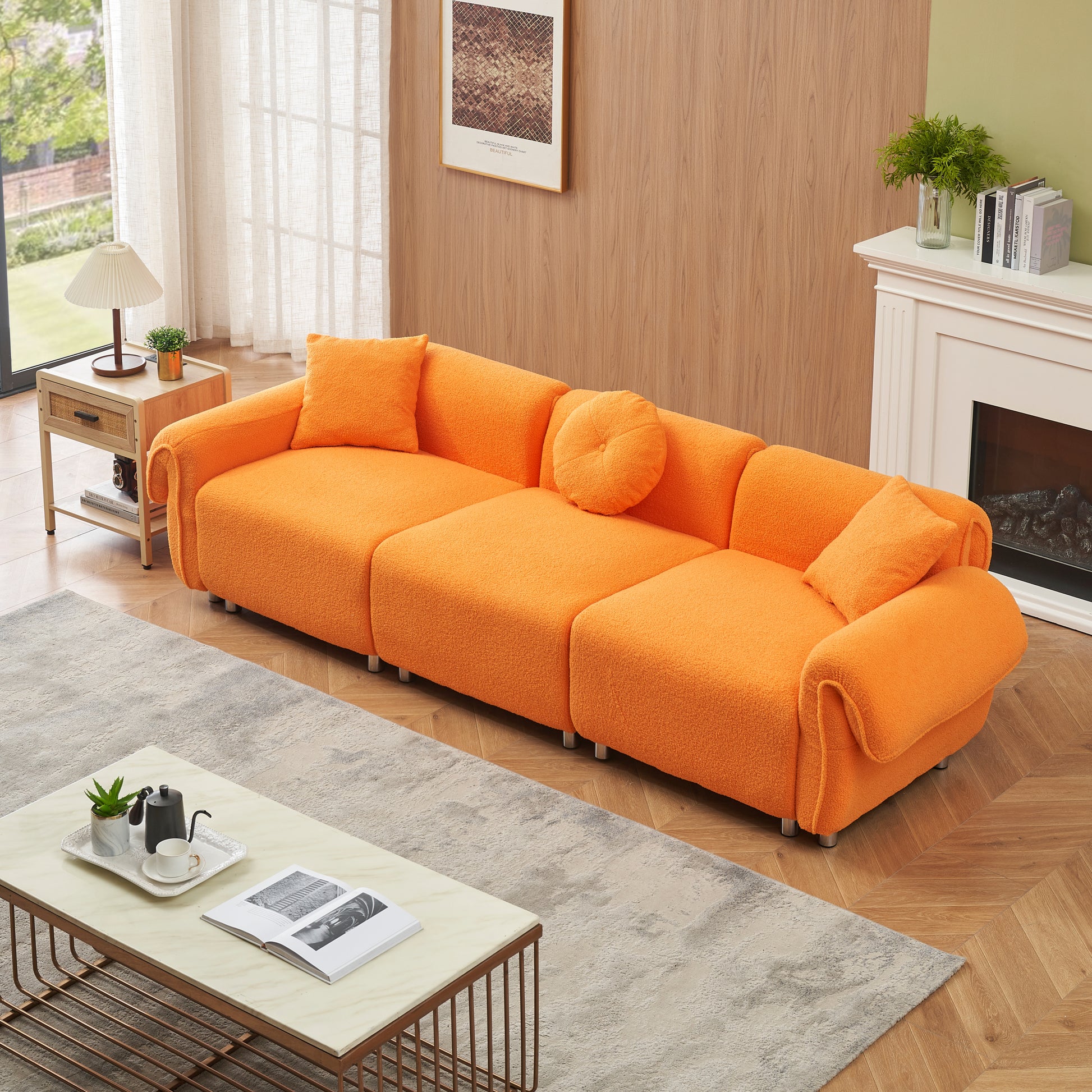 24005 Orange Teddy Velvet Fabric, With 3 Pillows, Three Person Sofa Can Be Placed In The Living Room And Other Scenes Orange Mdf 3 Seat