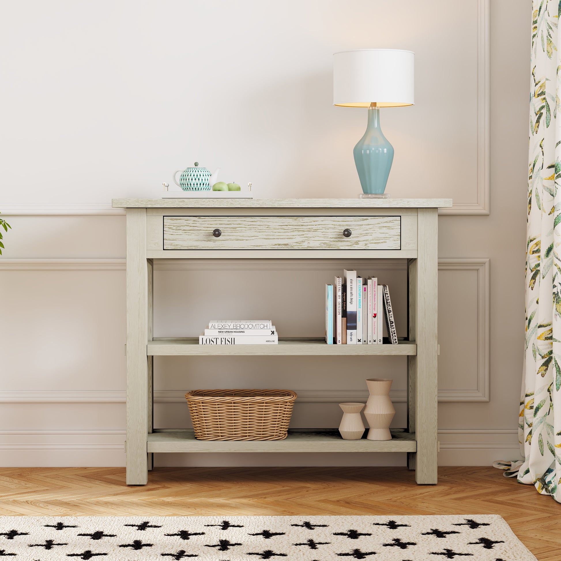 Retro Console Table With Drawer And Two Sturdy Shelves For Entryway, Living Room Gray Wash Gray Wash Mdf,Rubber Wood