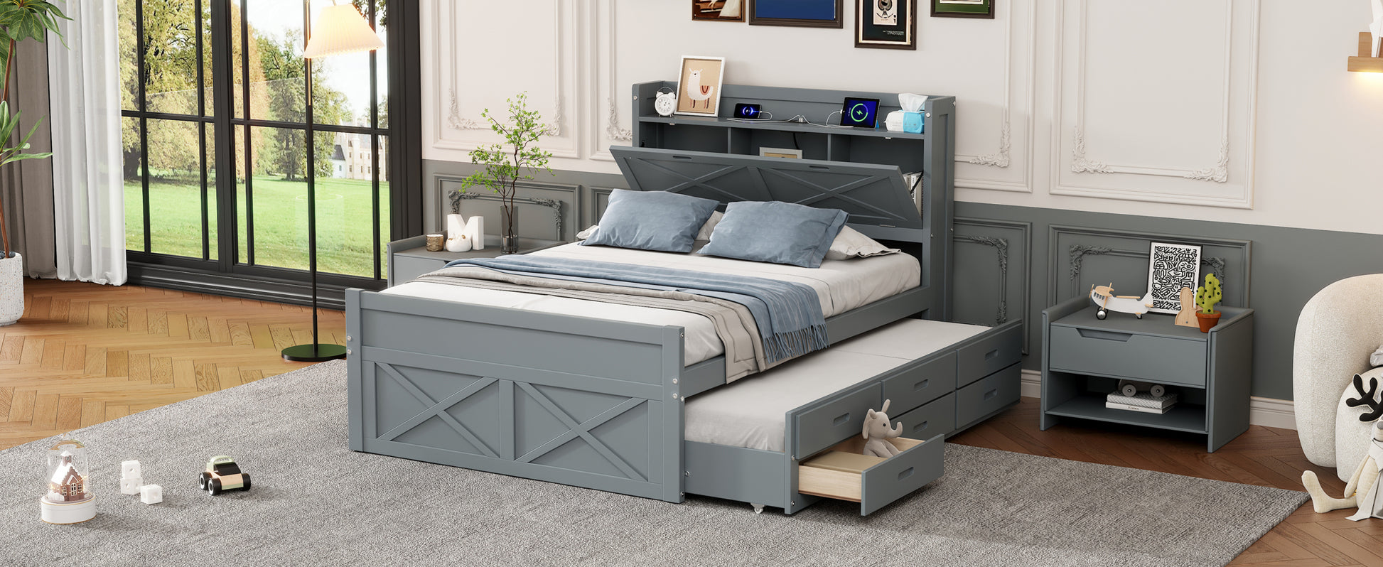 Full Size Wooden Bed With Storage Headboard With Outlets, Extendable Bed With Twin Size Trundle With Three Storage Drawers,Gray Expected Arrival Time:8.23 Full Gray Wood