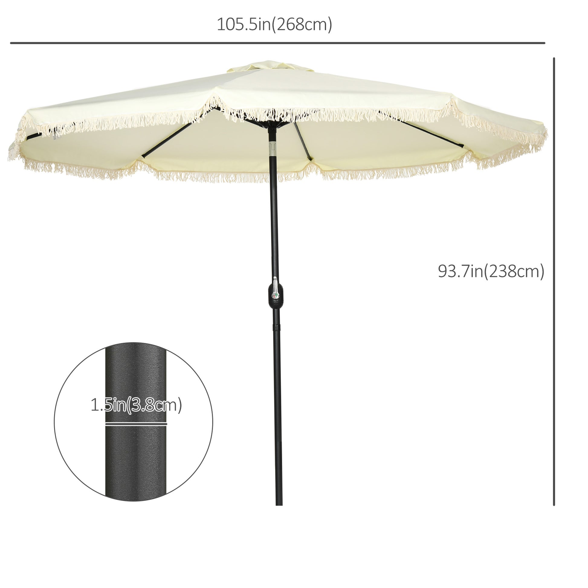 Outsunny 9Ft Patio Umbrella With Push Button Tilt And Crank, Ruffled Outdoor Market Table Umbrella With Tassles And 8 Ribs, For Garden, Deck, Pool, Cream White Cream White Polyester