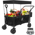 Collapsible Wagon 140L Wagons Carts Foldable With Removable Canopy, Folding Wagon Cart With Wheels For All Terrain With Brake, Foldable Wagon With Cooler Bag, For Camping Beach Shopping Black Garden