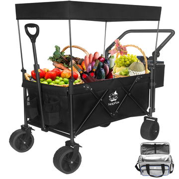 Collapsible Wagon 140L Wagons Carts Foldable With Removable Canopy, Folding Wagon Cart With Wheels For All Terrain With Brake, Foldable Wagon With Cooler Bag, For Camping Beach Shopping Black Garden