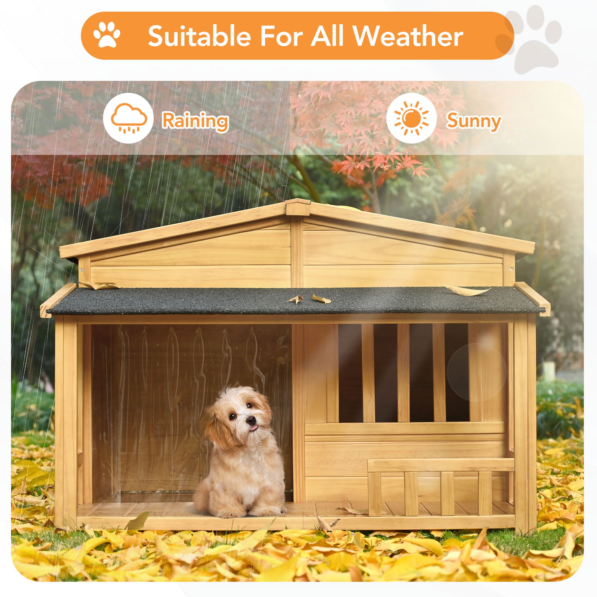 47.2" Wooden Dog House, Outdoor & Indoor Dog Crate, Pet Kennel With Porch, Solid Wood, Weatherproof, Medium, Nature Natural Wood Outdoor Kennel Medium 26 40 Lbs Pine