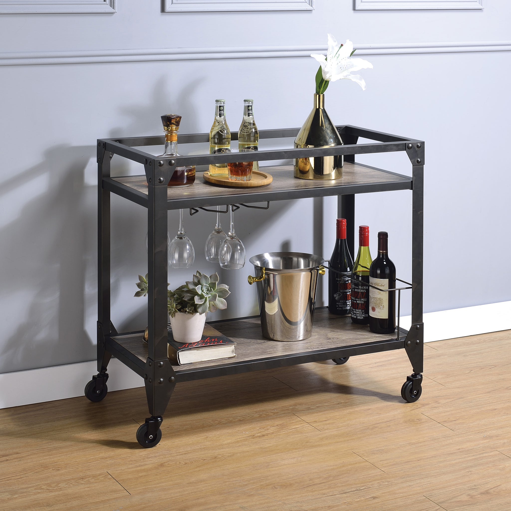 Rustic Oak And Charcoal 2 Shelf Serving Cart Natural Black Dining Room Industrial Rectangular Kitchen Carts Wood Metal