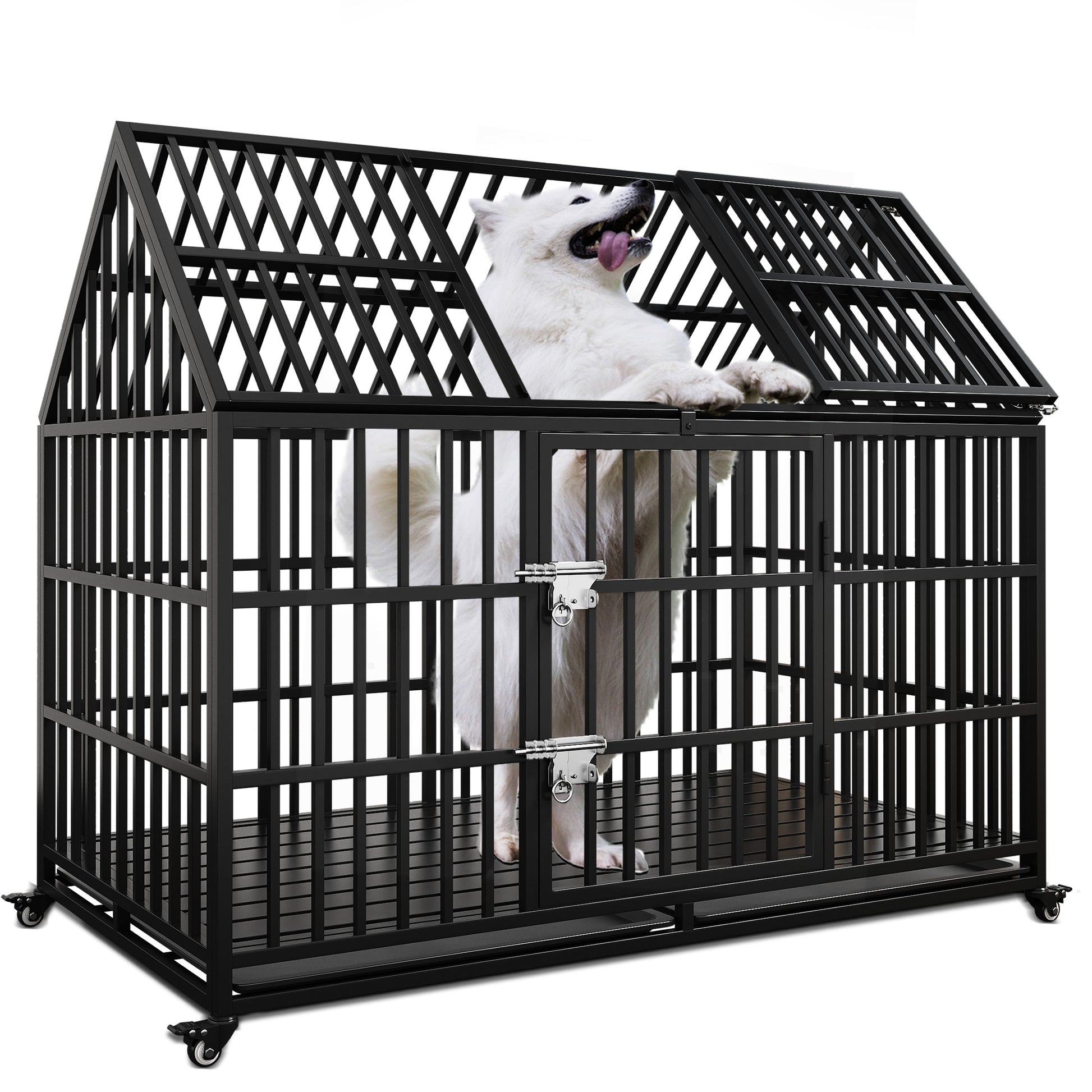 54" Heavy Duty Dog Crate Large Dog Cage Strong Metal Dog Kennels And Crates For Large Dogs Top Open With 2 Doors 4 Lockable Wheels 2 Removable Trays Black Outdoor Kennel Extra Large 71 90 Lbs Steel