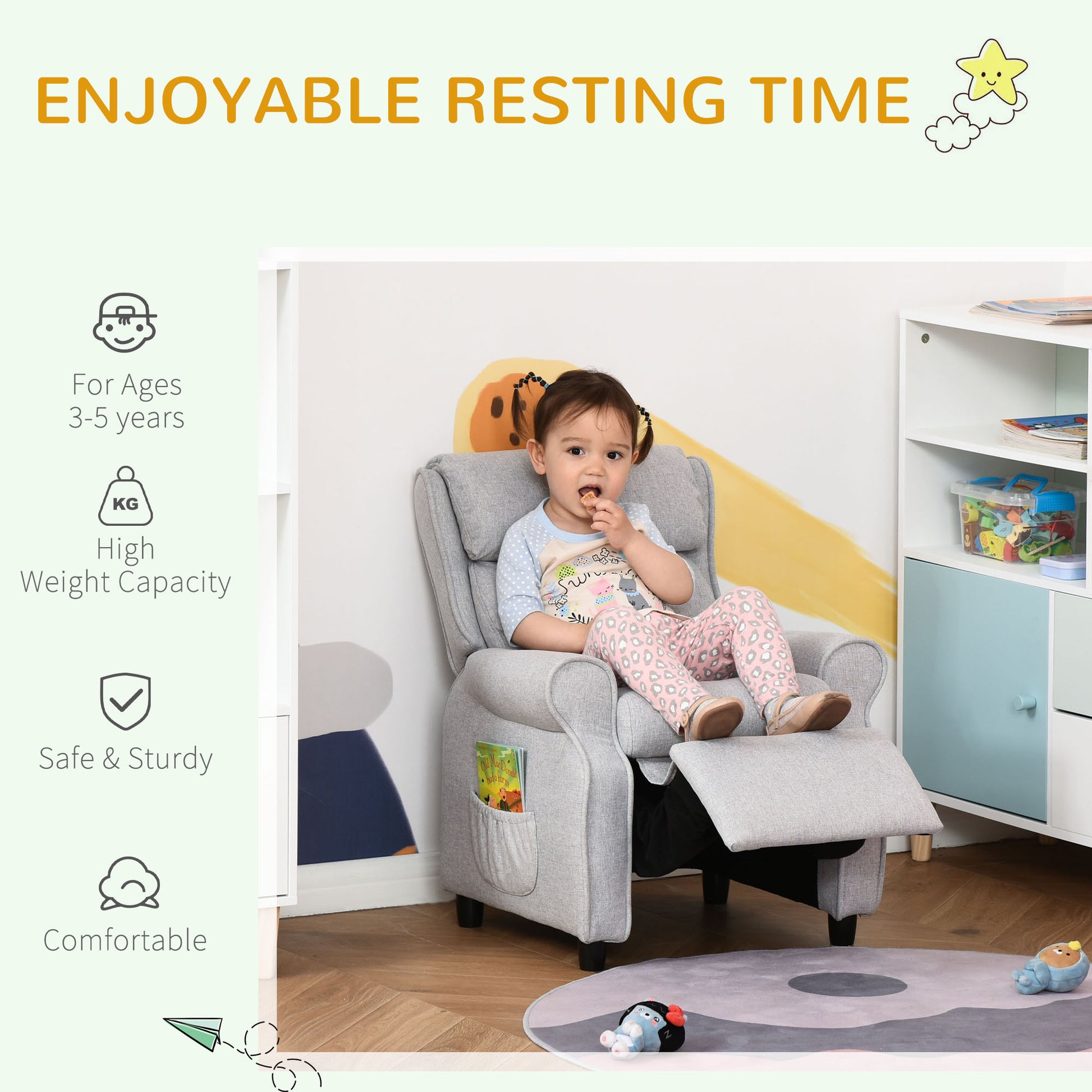 Qaba Kids Recliner Chair Children Sofa Angle Adjustable Single Lounger Armchair Gaming Chair With Footrest 2 Side Pockets For 3 5 Years, Light Grey Light Grey Wood