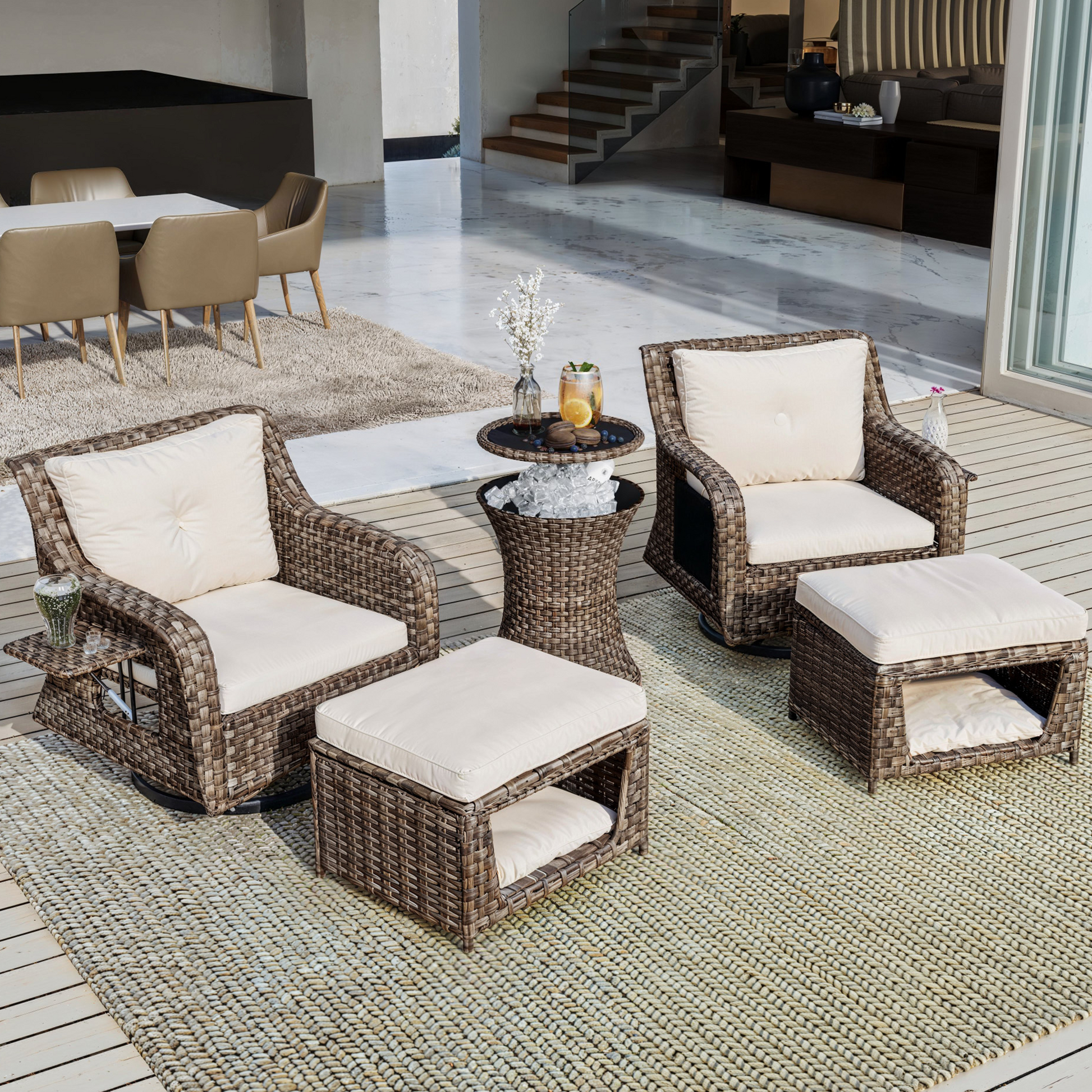 K&K 5 Pieces Outdoor Patio Furniture Set With Pet House Cool Bar And Retractable Side Tray, Rattan Wicker Patio Swivel Rocking Chairs Set Of 2 With Ottomans For Backyard, Porch, Balcony, Beige Yes Rocker & Glider Brown Beige Seats 2 Weather Resistant