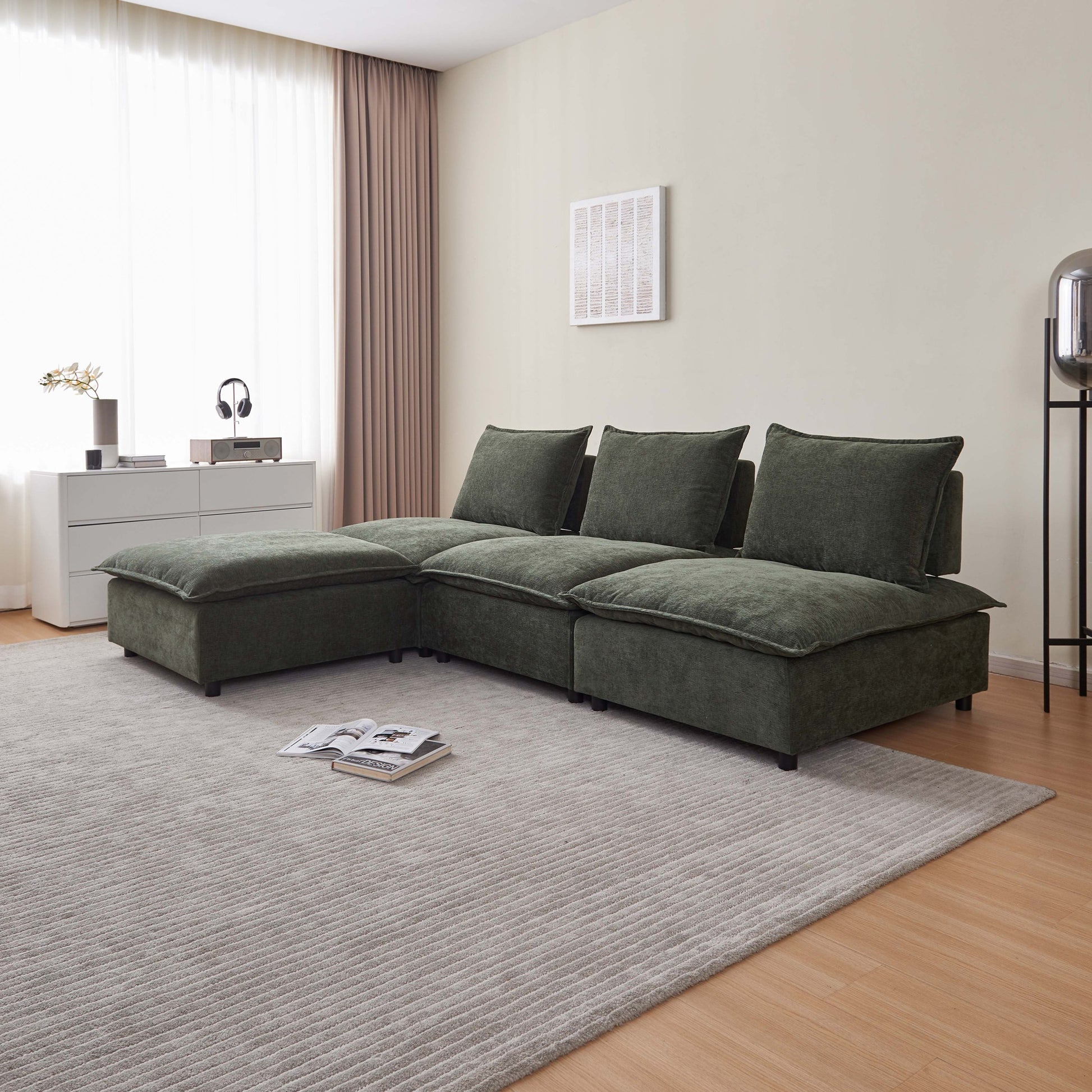 Modern Armless L Shaped Sectional Sofa Couch With Ottoman Modular Design, Durable Construction, Easy Care Upholstery For Living Room, Apartment, Office, Small Space Green Wood Medium Soft Chenille 4 Seat